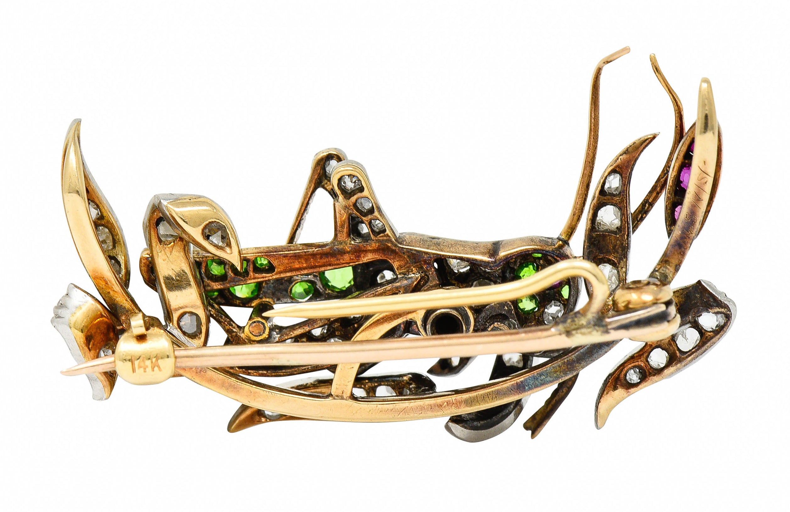 1900 Victorian Ruby Diamond Demantoid Garnet Platinum-Topped 14 Karat Gold Grasshopper BroochBrooch - Wilson's Estate Jewelry