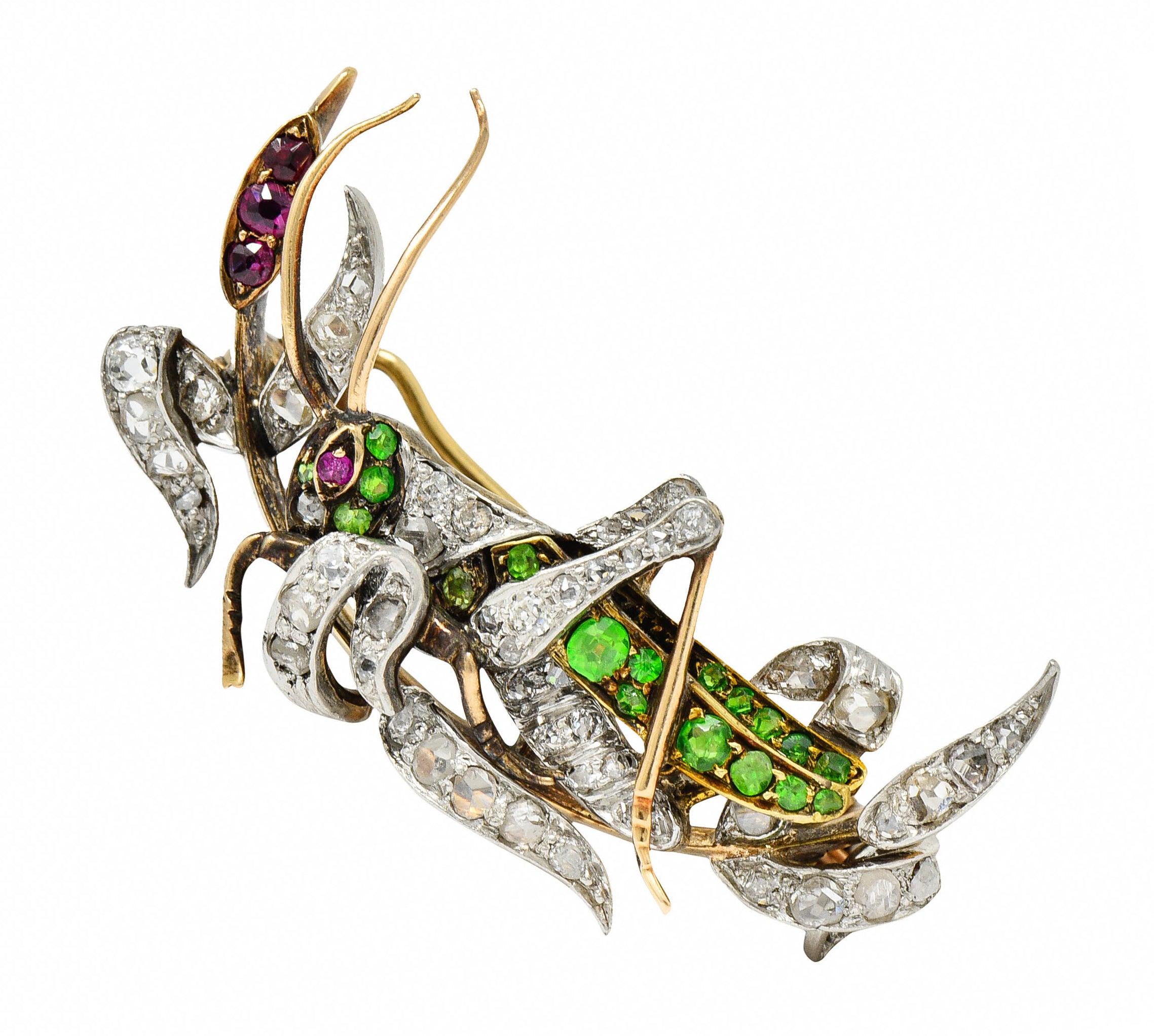 1900 Victorian Ruby Diamond Demantoid Garnet Platinum-Topped 14 Karat Gold Grasshopper BroochBrooch - Wilson's Estate Jewelry