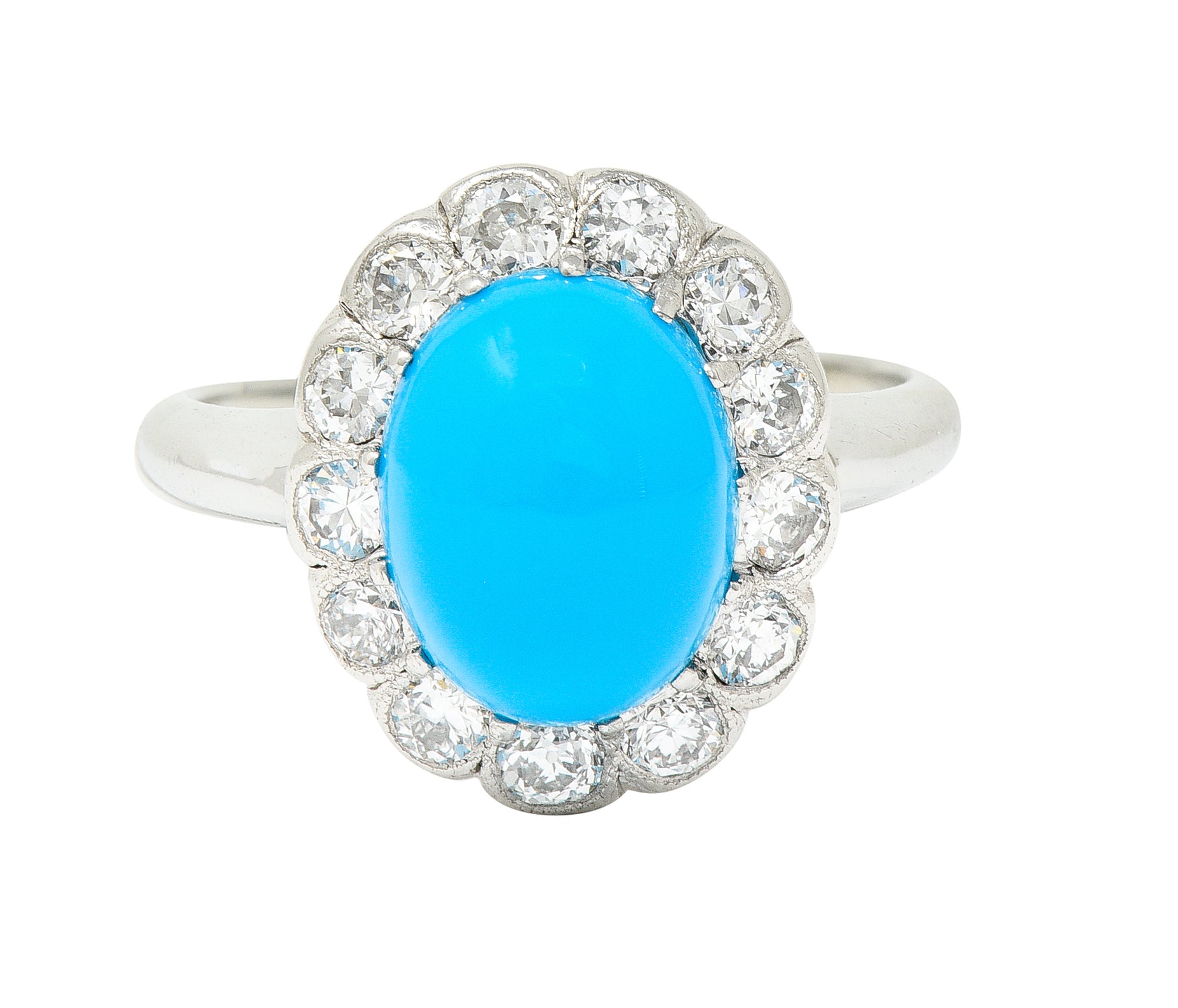 Art Deco Old European Cut Diamond Turquoise Cabochon Foliate 14 Karat White Gold Ring Wilson's Estate Jewelry