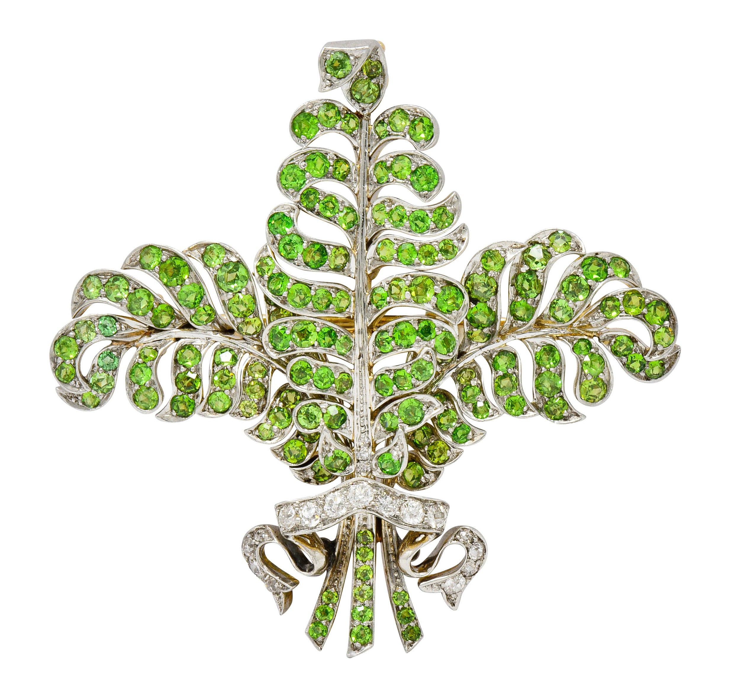 T.B. Starr Demantoid Garnet Diamond Platinum 18 Karat Gold Fern Edwardian Pendant BroochBrooch - Wilson's Estate Jewelry