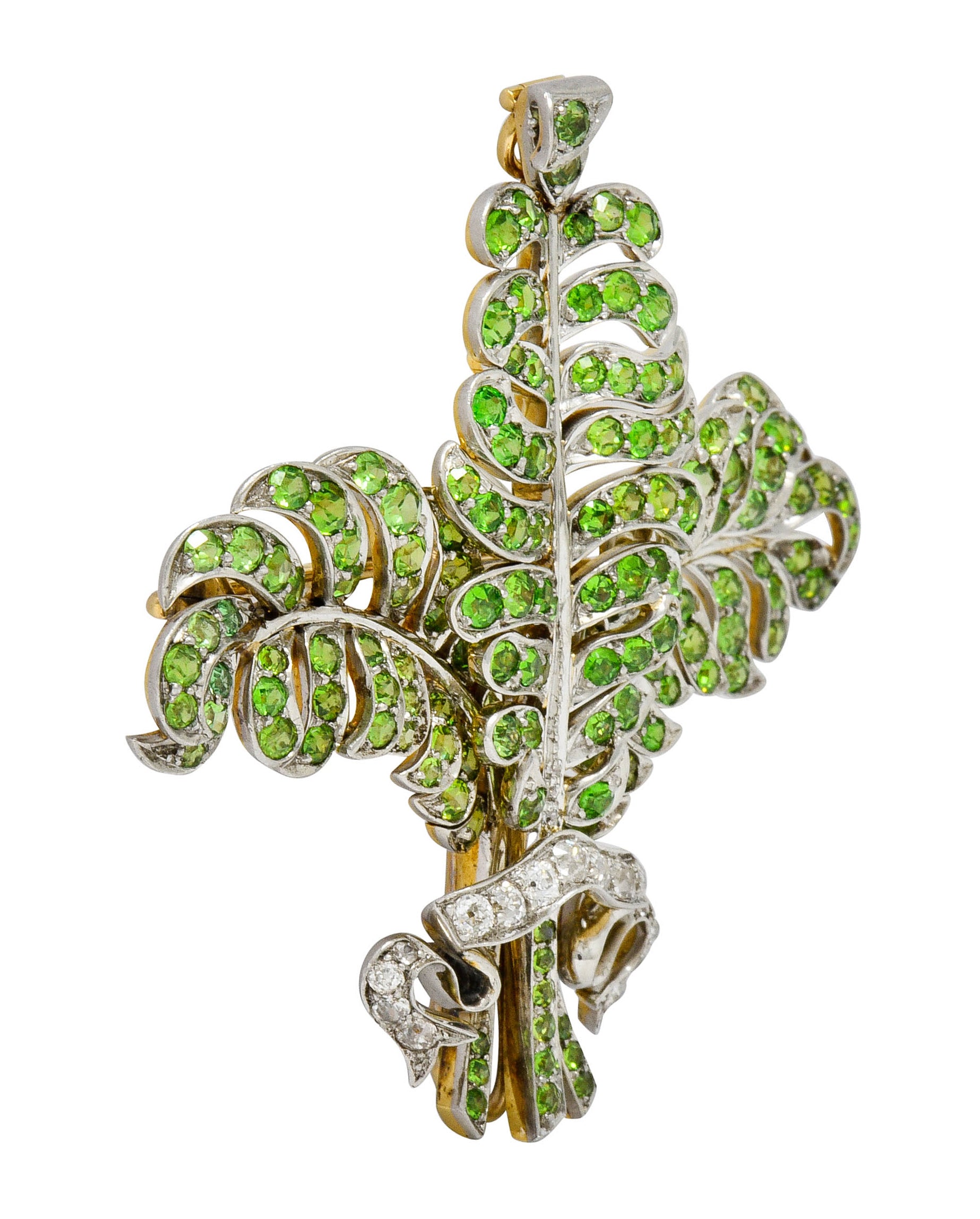 T.B. Starr Demantoid Garnet Diamond Platinum 18 Karat Gold Fern Edwardian Pendant BroochBrooch - Wilson's Estate Jewelry