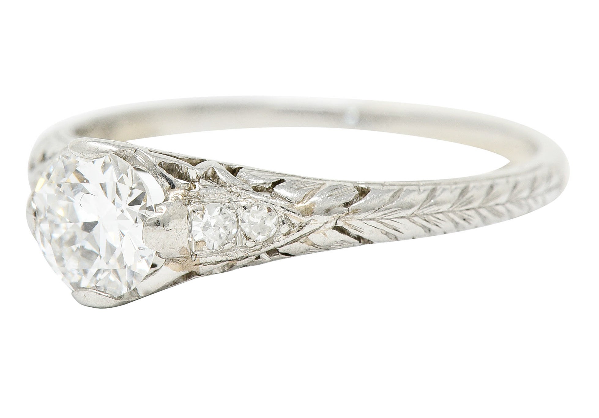 Edwardian 0.70 CTW Diamond Platinum Foliate Engagement RingRing - Wilson's Estate Jewelry