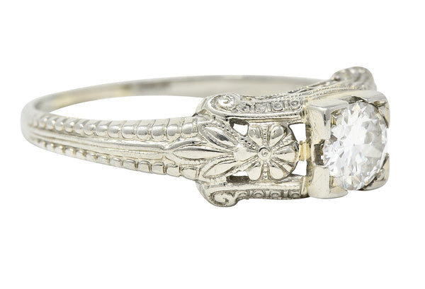 Art Deco 0.45 CTW Old European Cut Diamond 18 Karat White Gold Orange Blossom Engagement Ring Wilson's Estate Jewelry