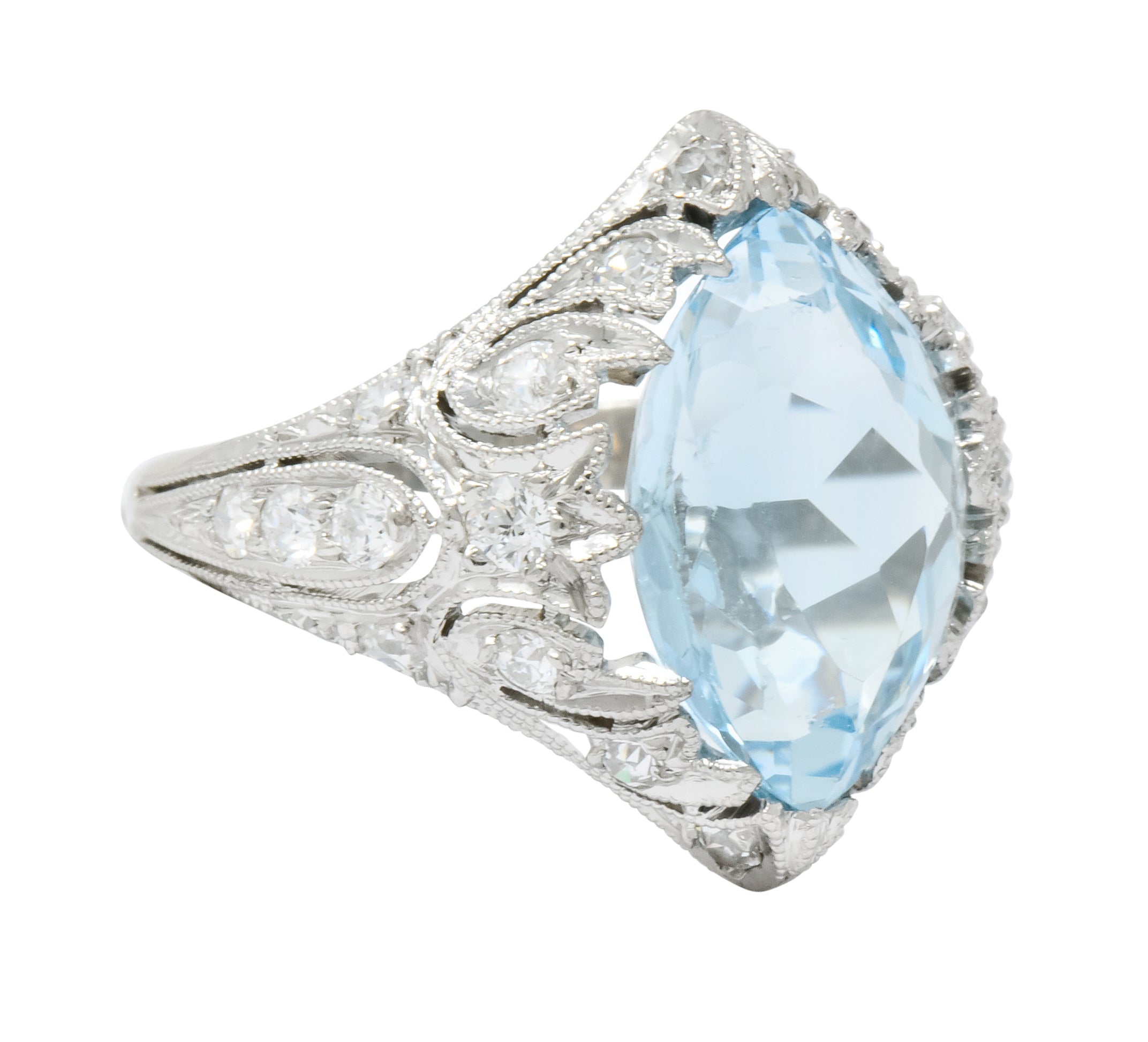 Edwardian Bailey Banks & Biddle 2.83 CTW Aquamarine Diamond Platinum Navette Ring - Wilson's Estate Jewelry