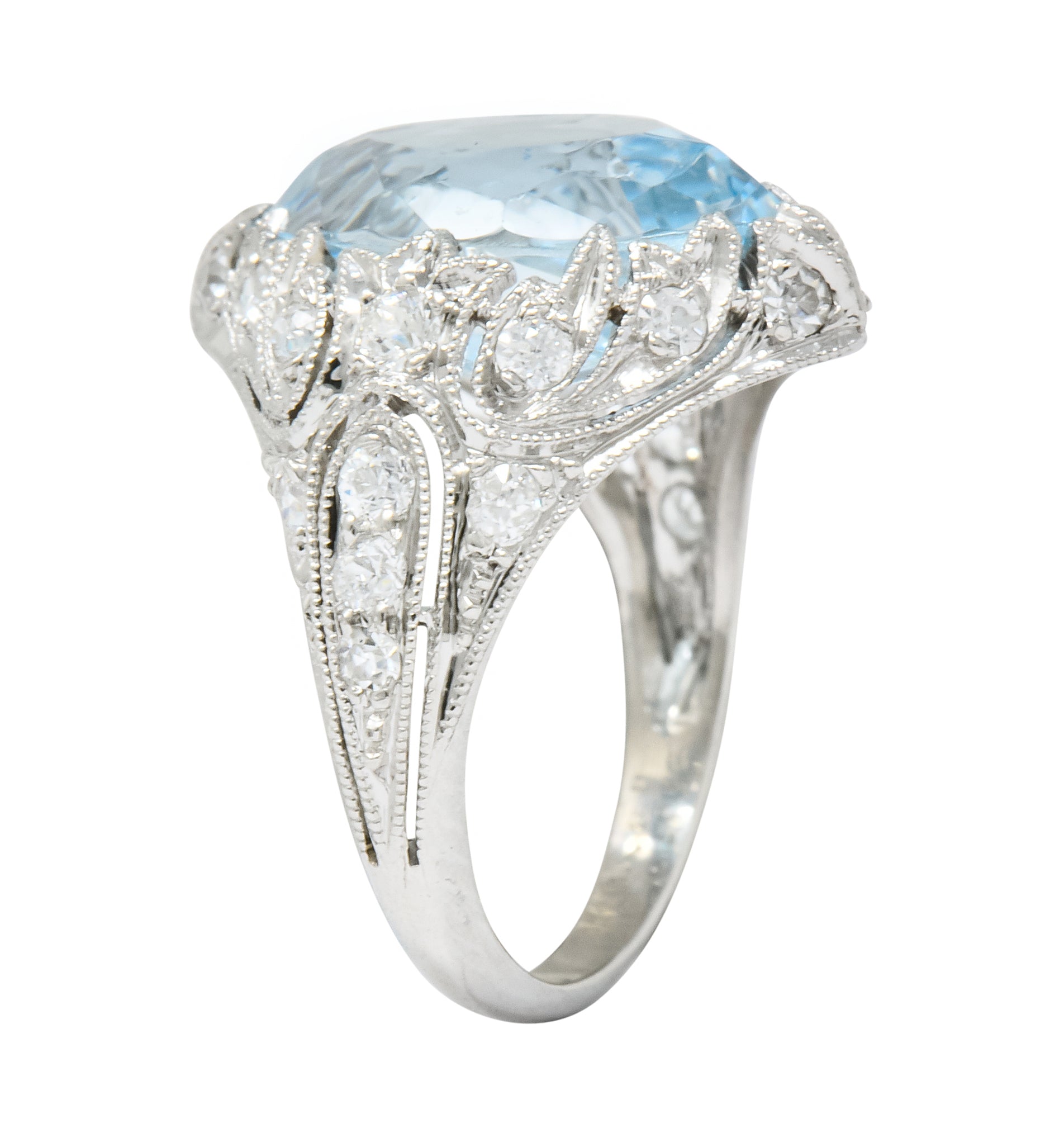 Edwardian Bailey Banks & Biddle 2.83 CTW Aquamarine Diamond Platinum Navette Ring - Wilson's Estate Jewelry