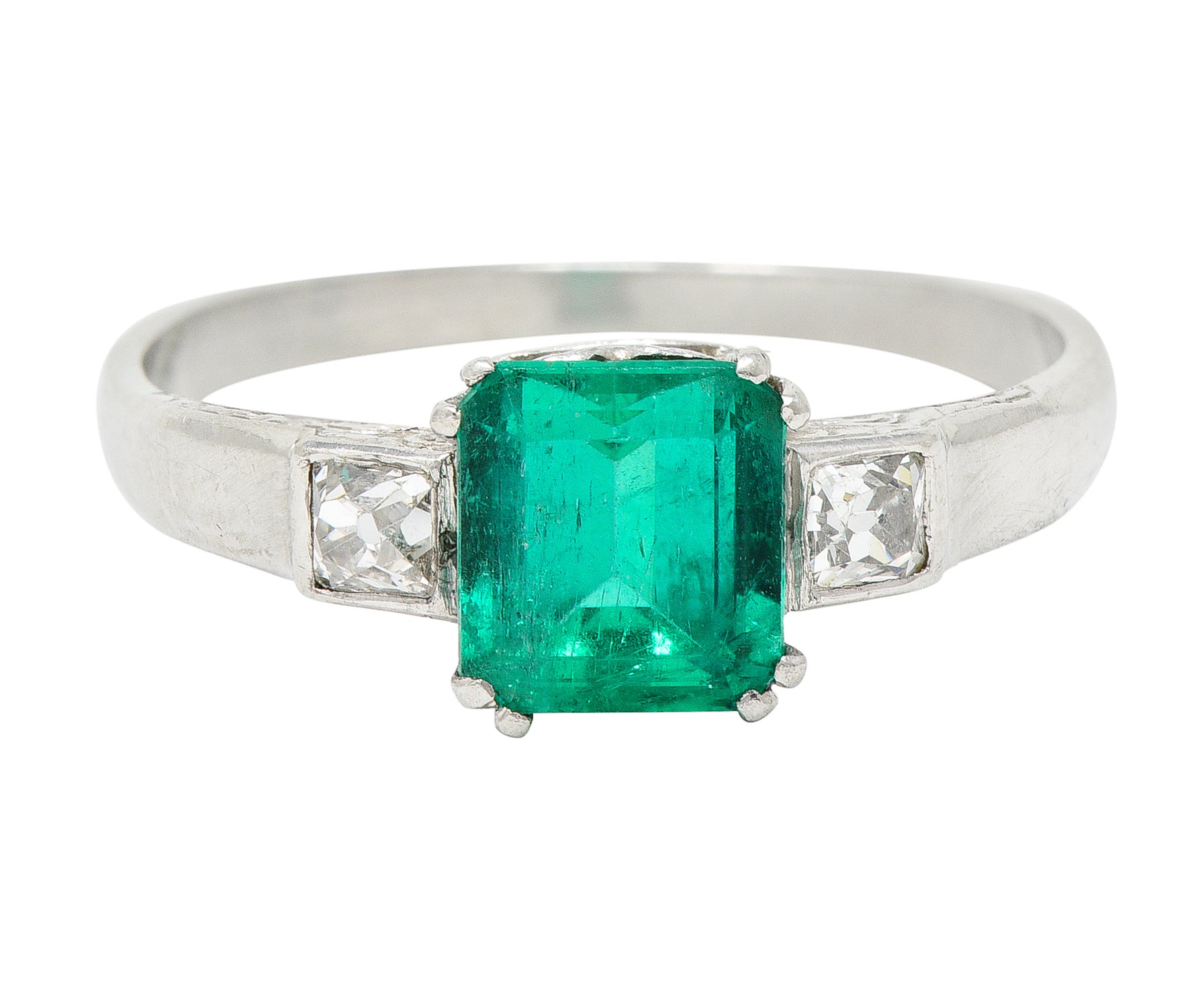 Art Deco 1.65 CTW Emerald Diamond Platinum Three Stone Ring Wilson's Estate Jewelry