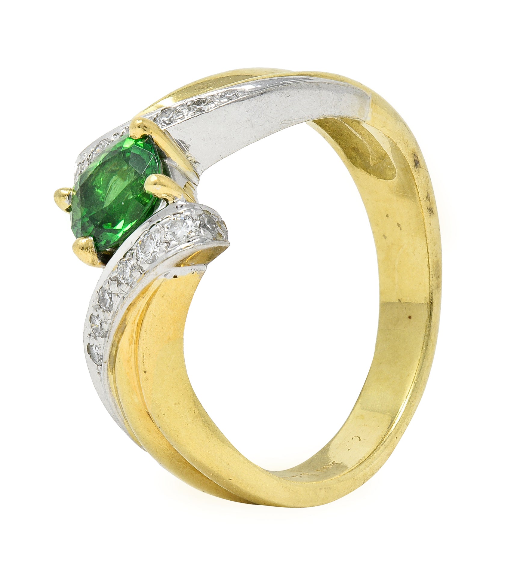 1980s 1.65 CTW Tsavorite Garnet Diamond 18 Karat Two-Tone Gold Bypass Ring