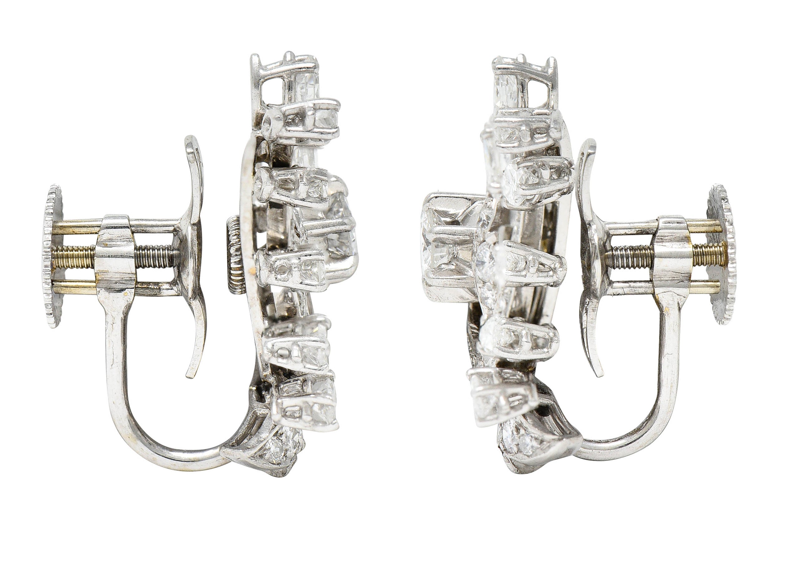 Mid-Century 2.65 CTW Diamond Platinum Foliate Screwback EarringsEarrings - Wilson's Estate Jewelry