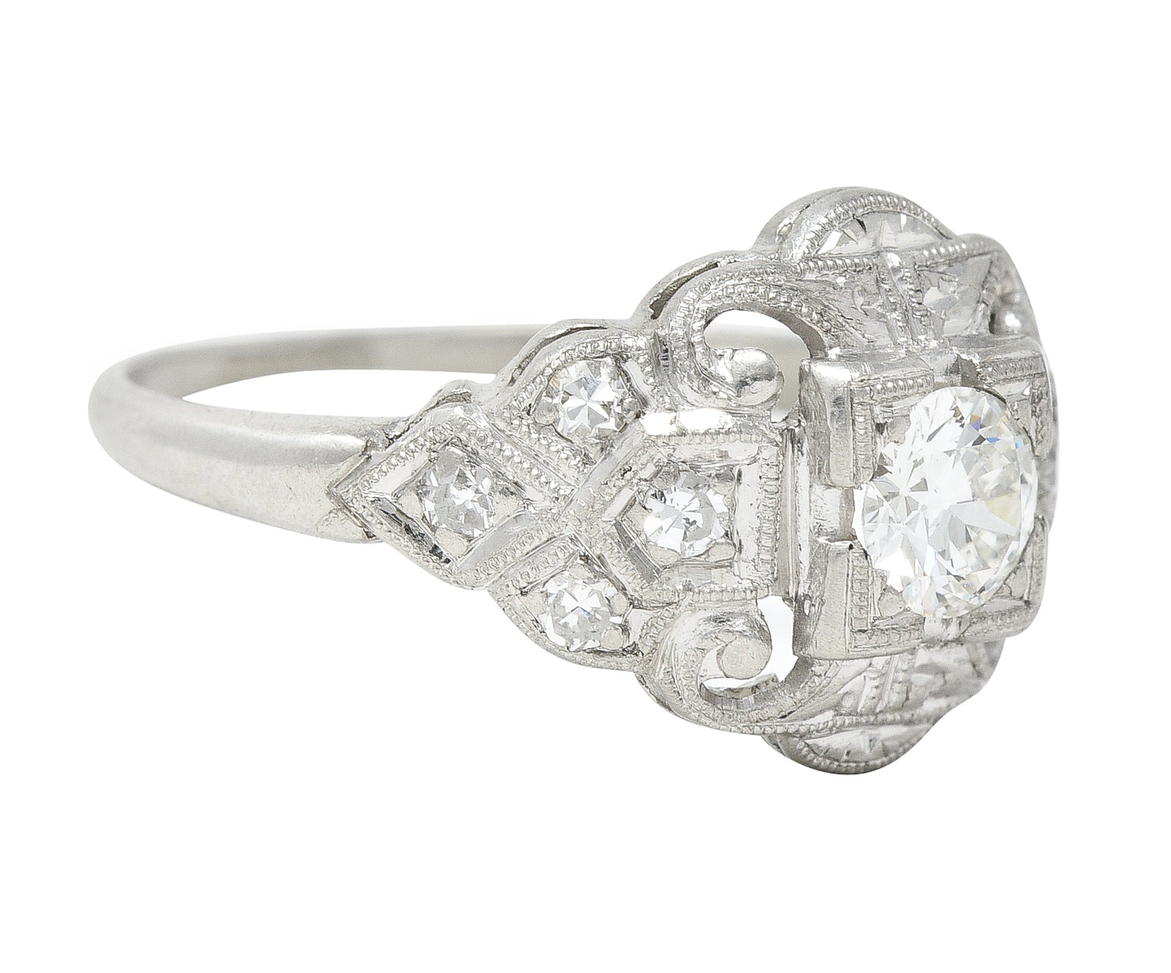 Art Deco 0.41 CTW Old European Cut Diamond Platinum Scrolling Foliate Bombay Engagement Ring Wilson's Estate Jewelry