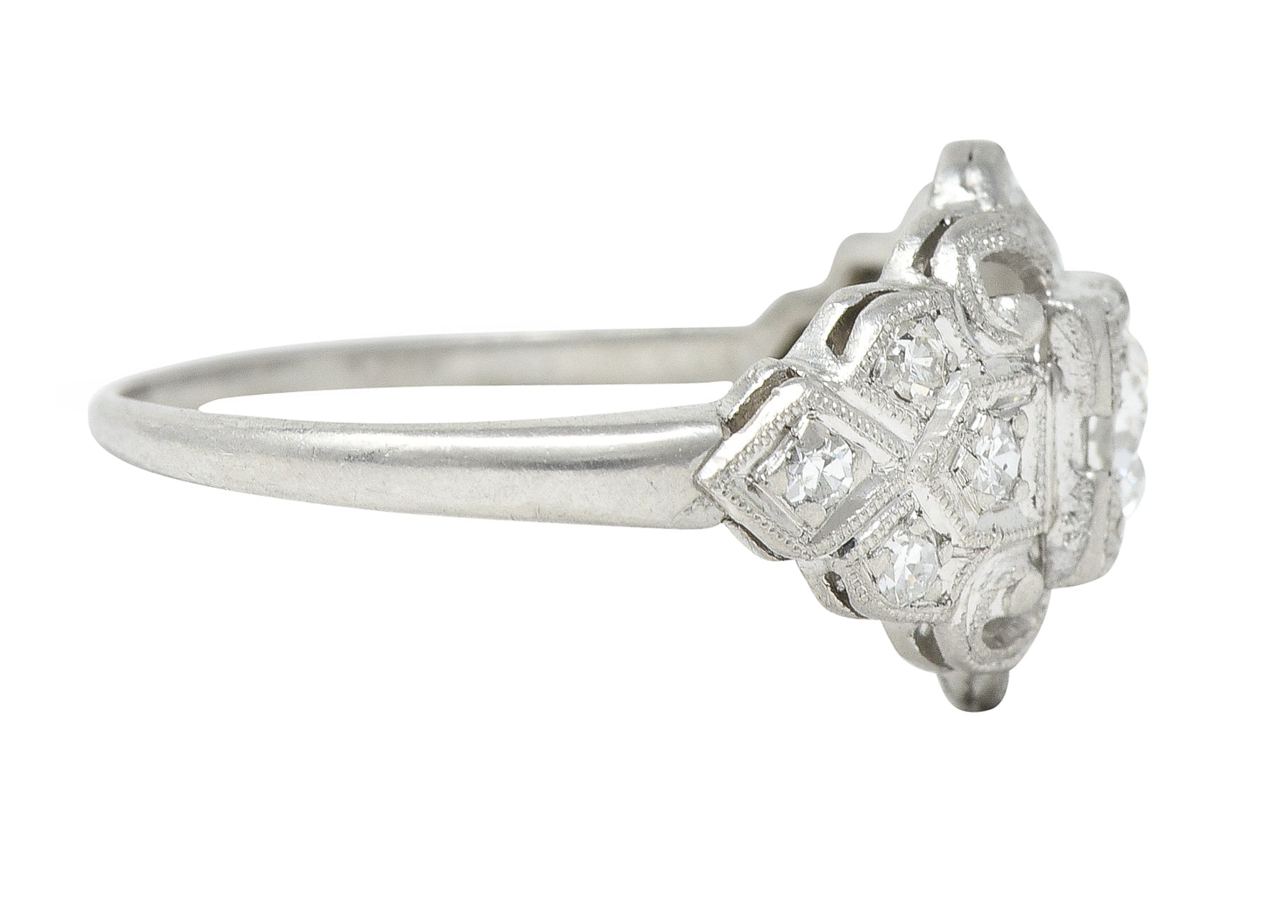 Art Deco 0.41 CTW Old European Cut Diamond Platinum Scrolling Foliate Bombay Engagement Ring Wilson's Estate Jewelry