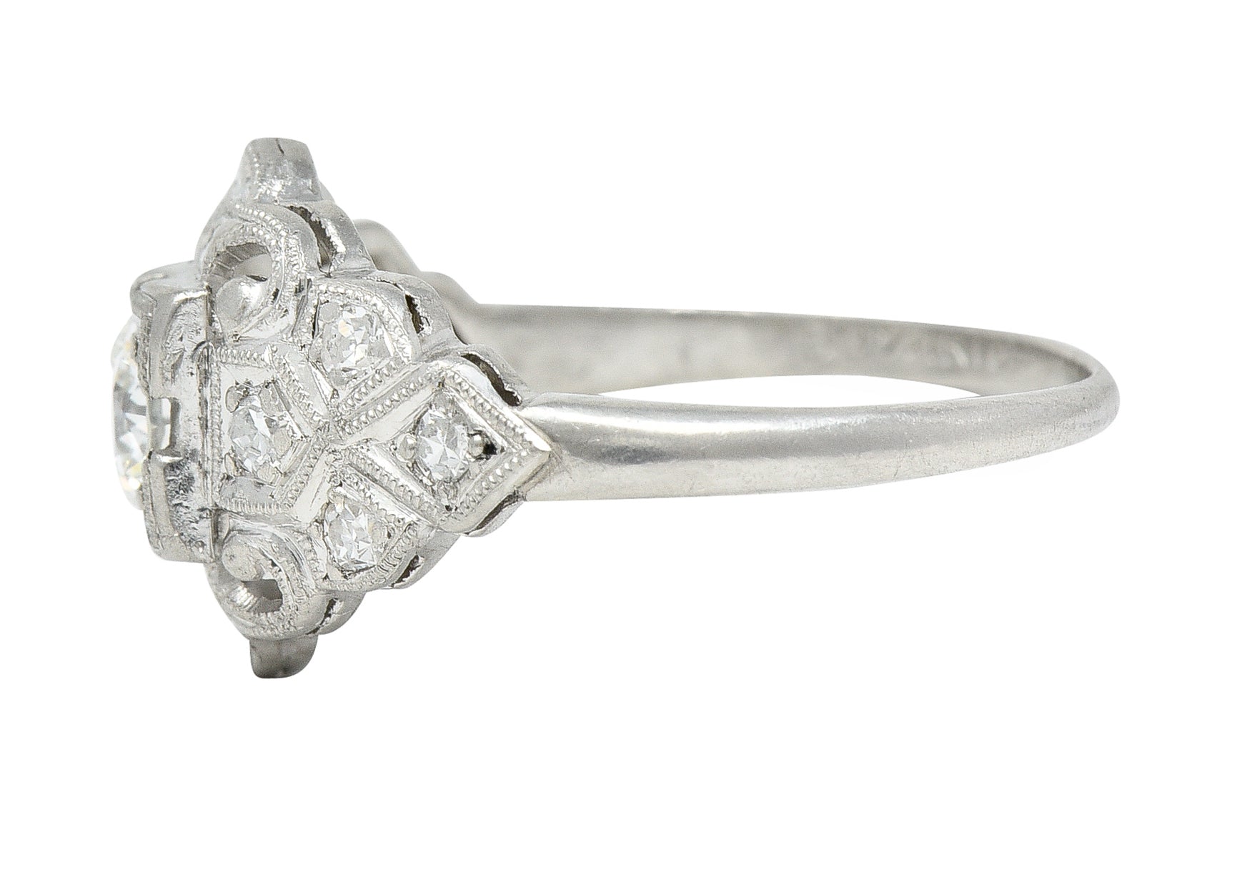 Art Deco 0.41 CTW Old European Cut Diamond Platinum Scrolling Foliate Bombay Engagement Ring Wilson's Estate Jewelry