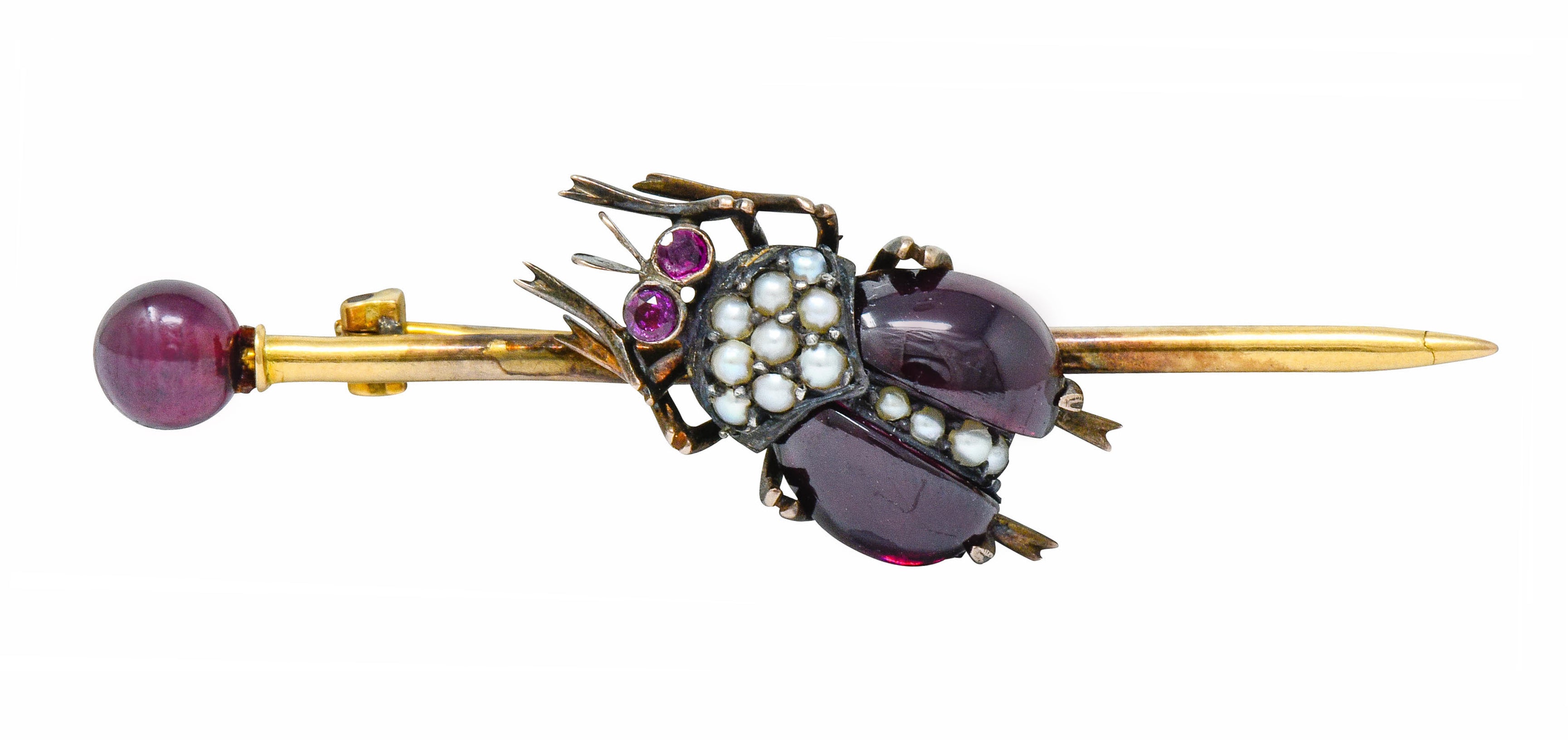 French Victorian Garnet Pearl Ruby Silver-Topped 18 Karat Gold Beetle Bar BroochBrooch - Wilson's Estate Jewelry