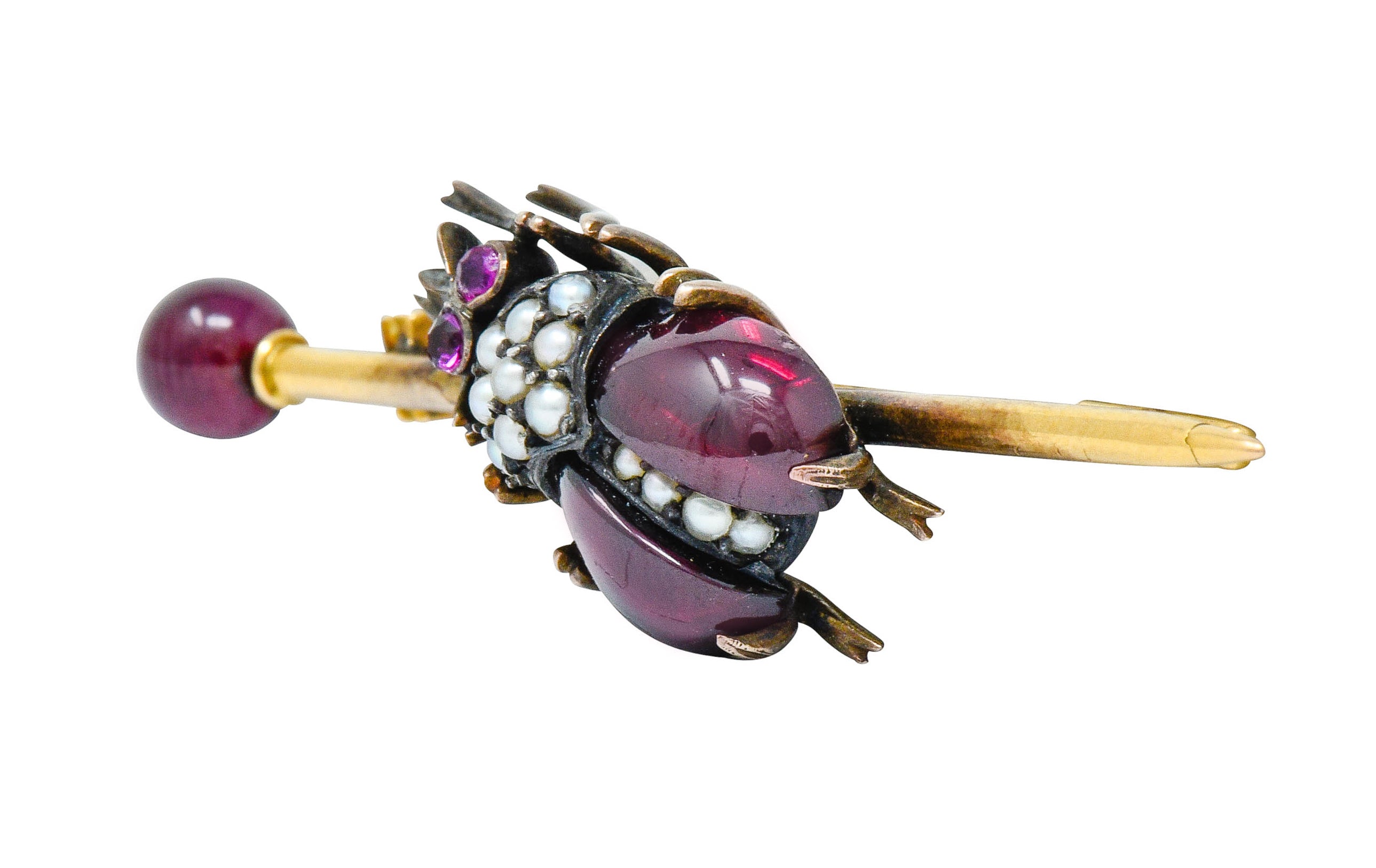 French Victorian Garnet Pearl Ruby Silver-Topped 18 Karat Gold Beetle Bar BroochBrooch - Wilson's Estate Jewelry