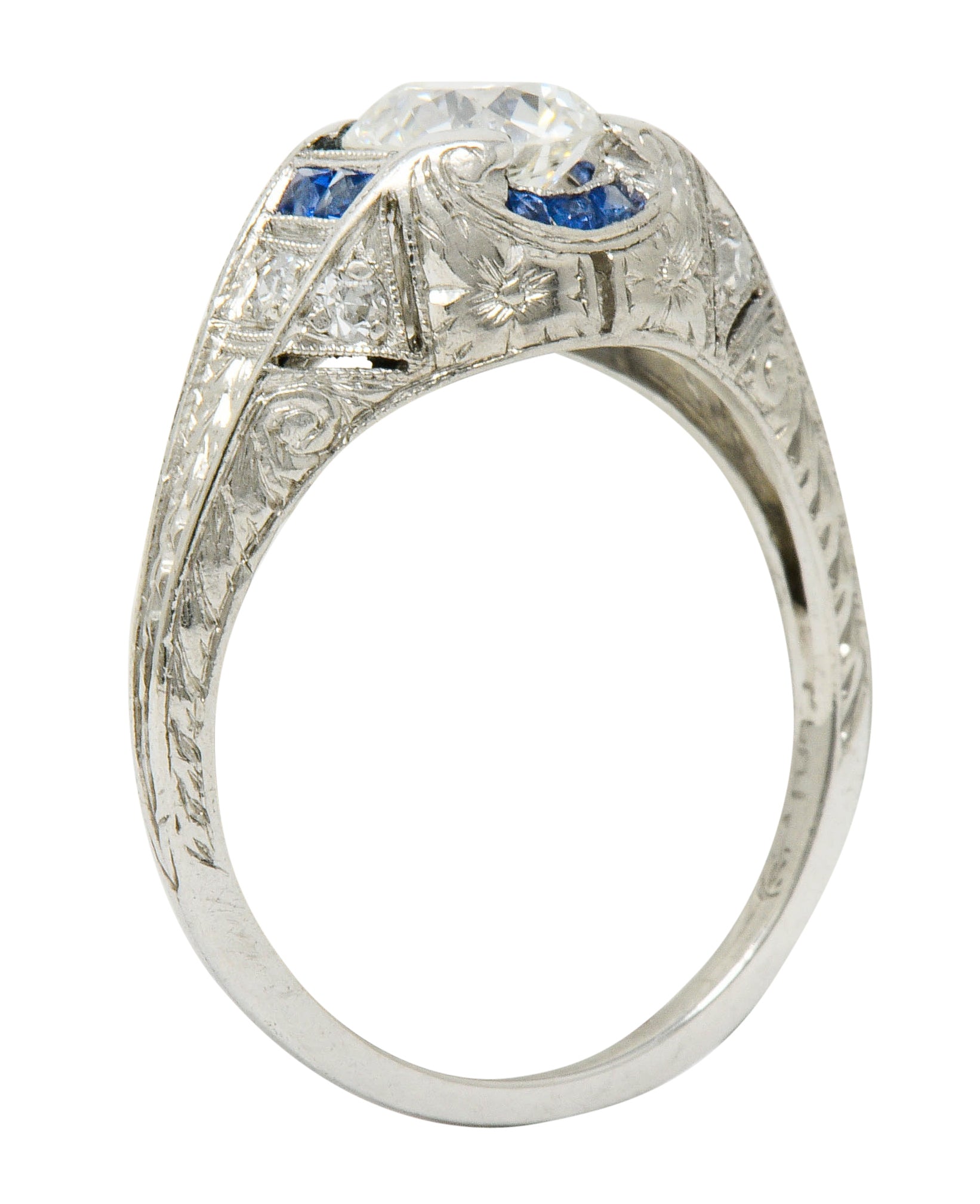 Art Deco 0.84 CTW Diamond Sapphire Platinum Floral Engagement RingRing - Wilson's Estate Jewelry