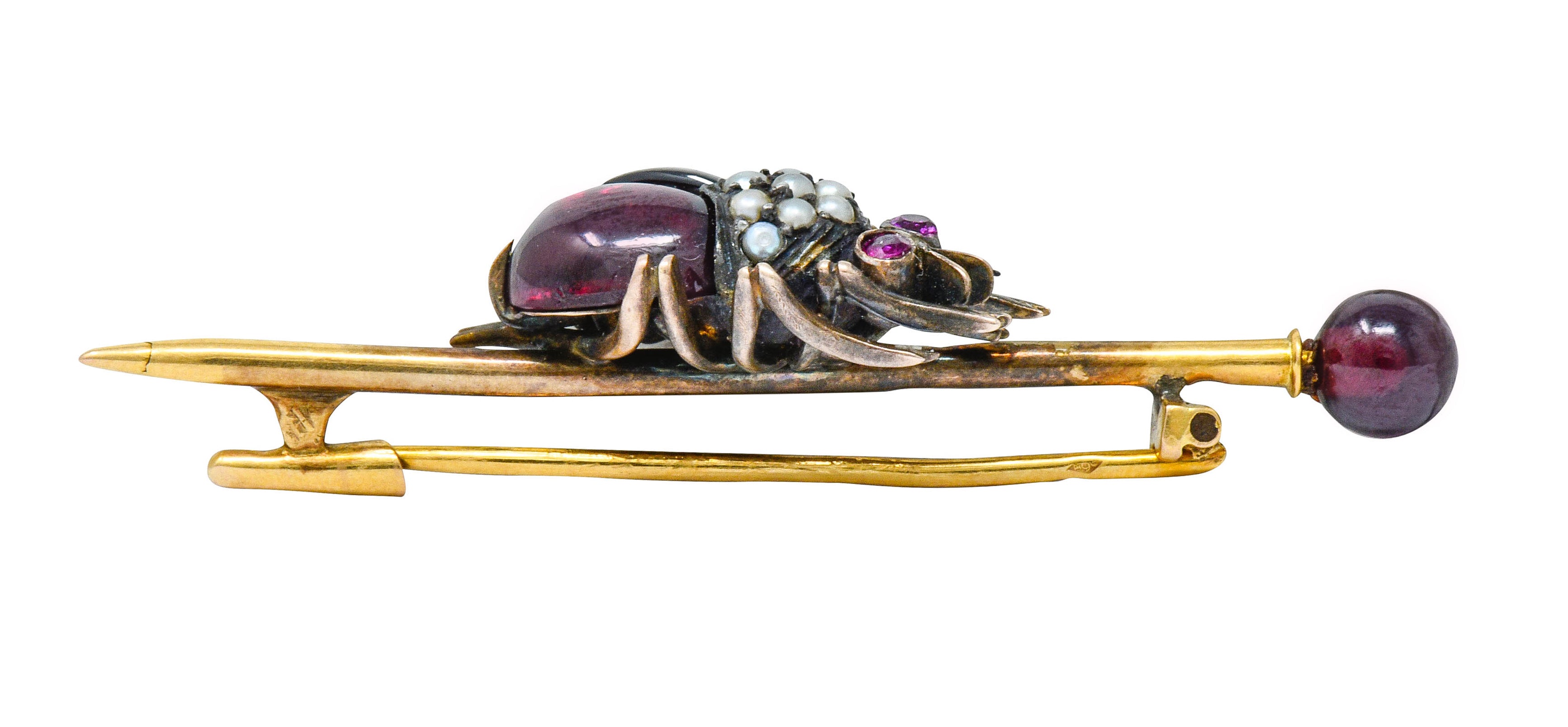 French Victorian Garnet Pearl Ruby Silver-Topped 18 Karat Gold Beetle Bar BroochBrooch - Wilson's Estate Jewelry