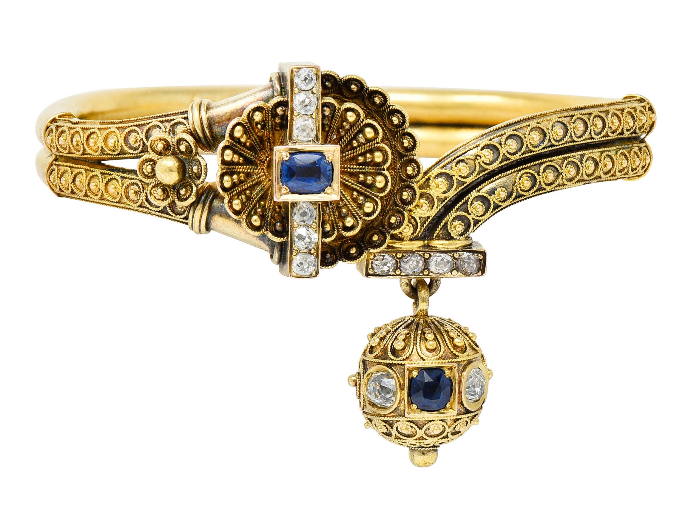 Victorian Etruscan Revival Sapphire Diamond 14 Karat Gold Cuff Braceletbracelet - Wilson's Estate Jewelry