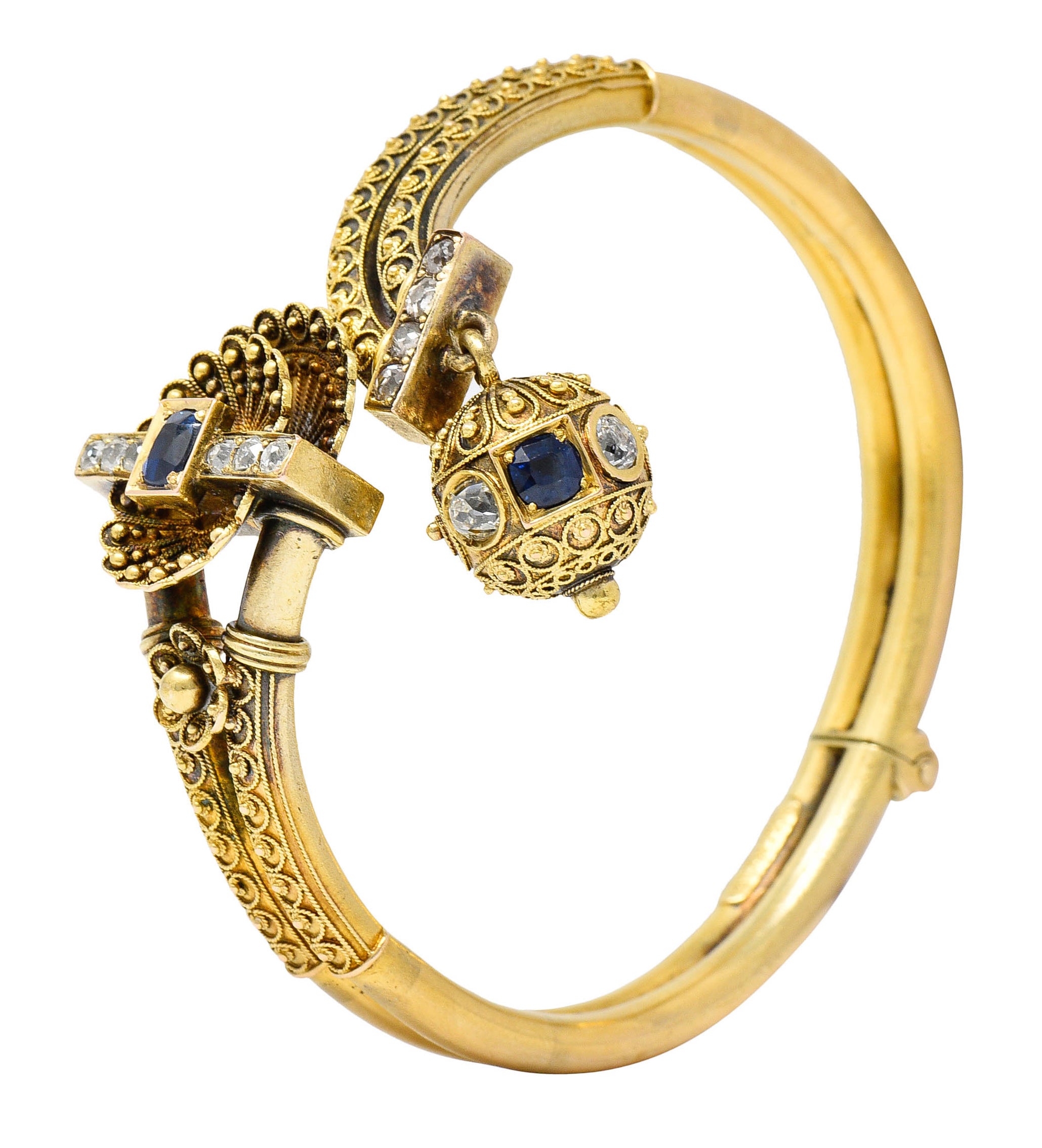 Victorian Etruscan Revival Sapphire Diamond 14 Karat Gold Cuff Braceletbracelet - Wilson's Estate Jewelry