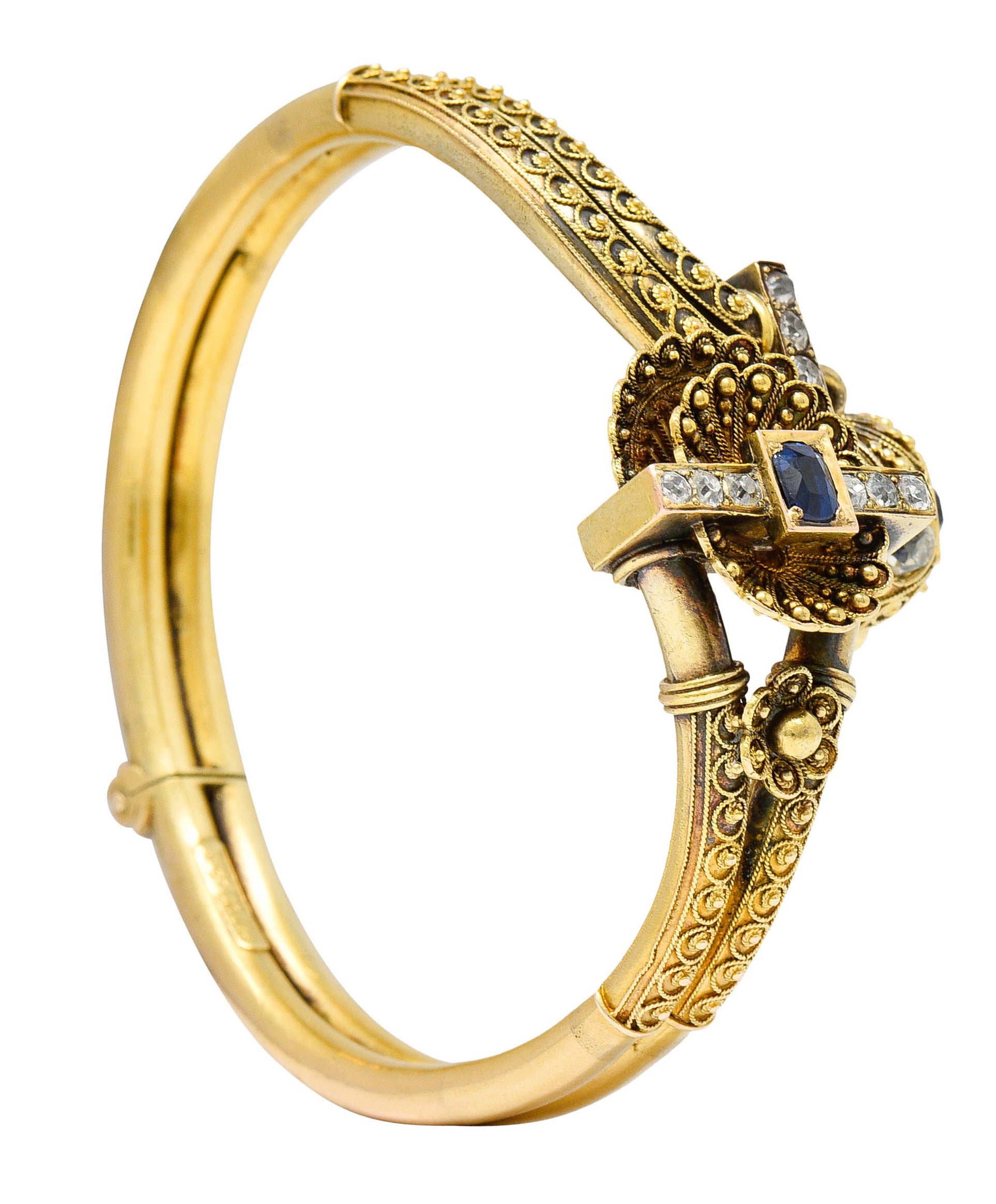 Victorian Etruscan Revival Sapphire Diamond 14 Karat Gold Cuff Braceletbracelet - Wilson's Estate Jewelry