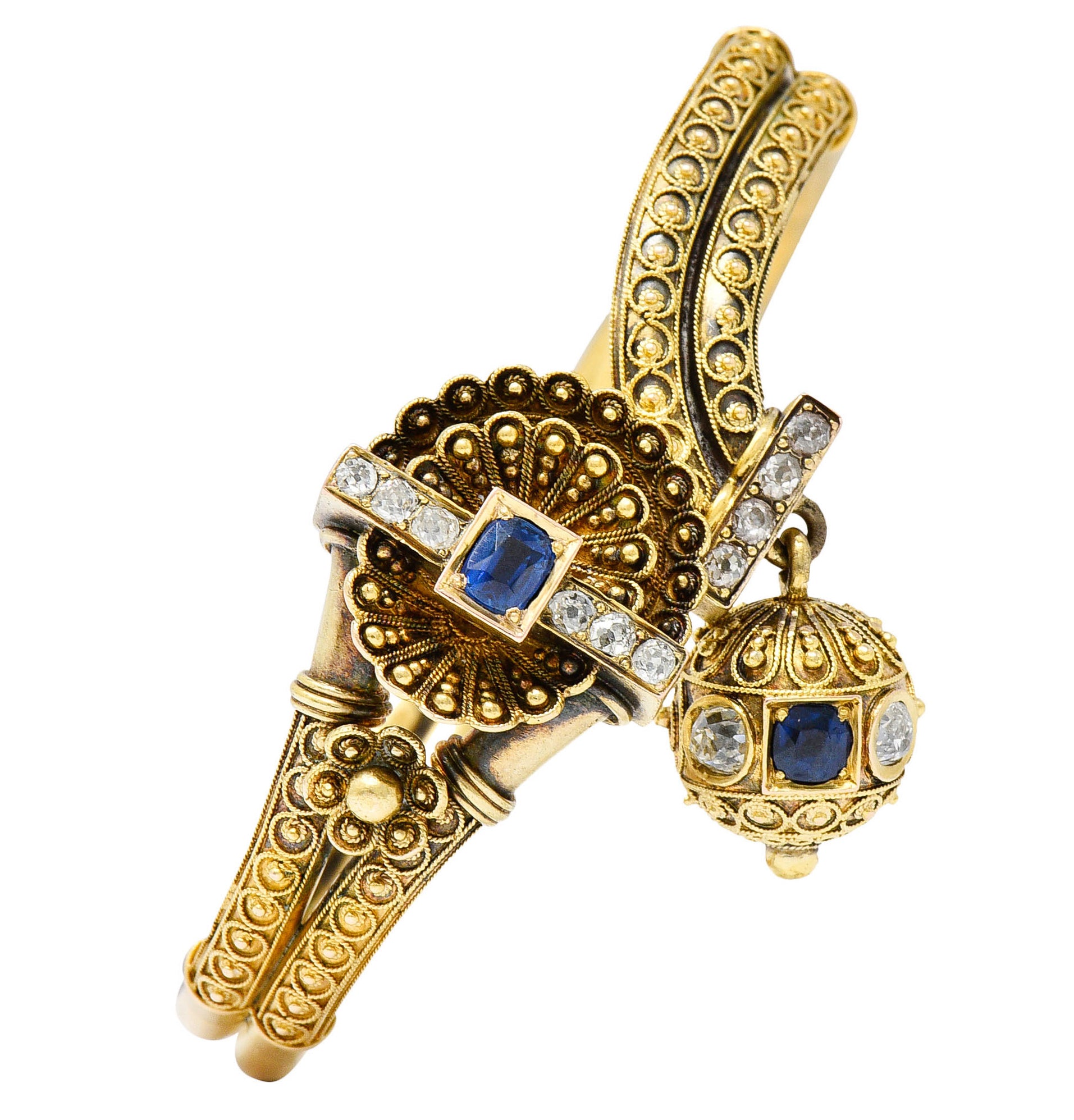 Victorian Etruscan Revival Sapphire Diamond 14 Karat Gold Cuff Braceletbracelet - Wilson's Estate Jewelry