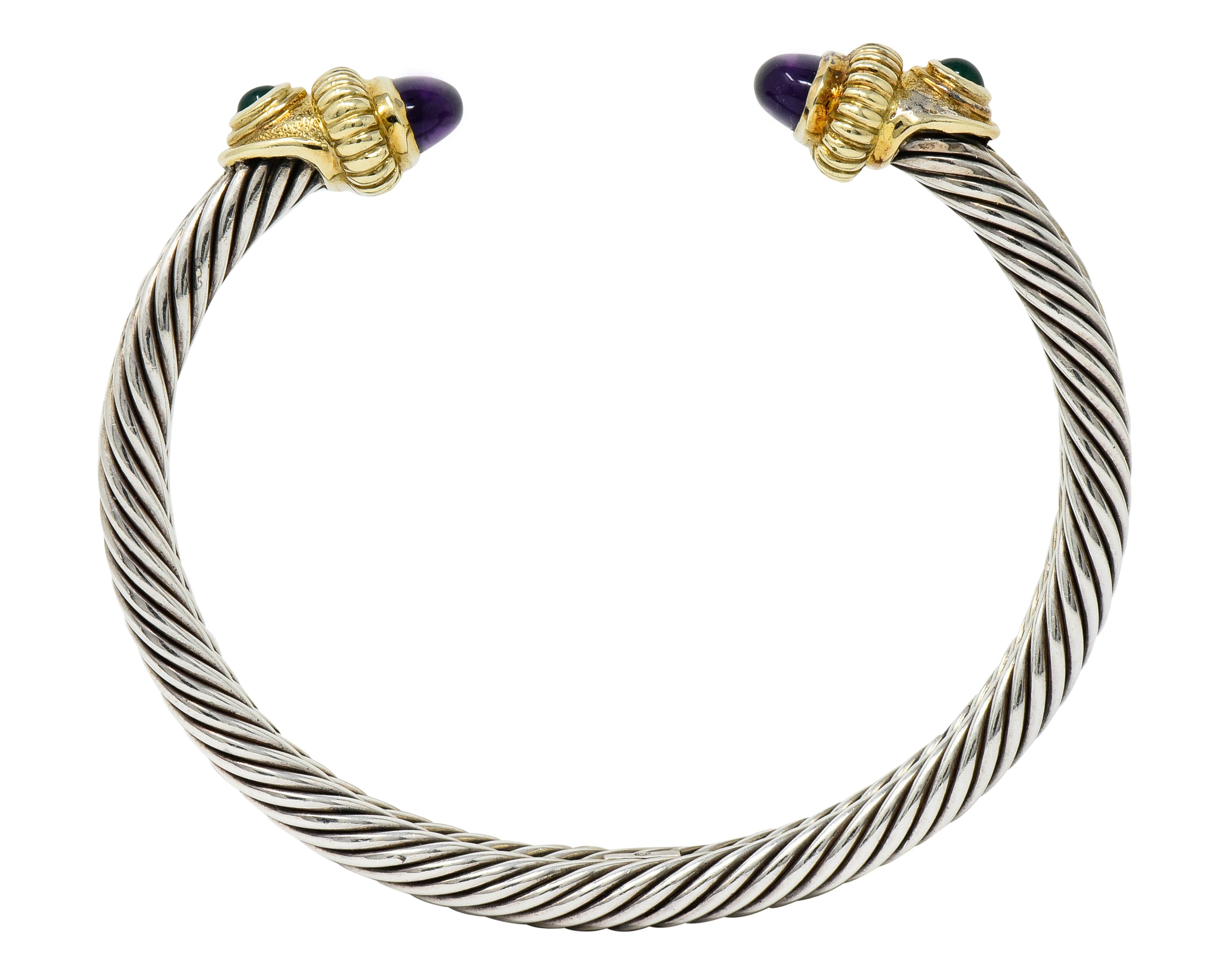 David Yurman Amethyst Chrysoprase 14 Karat Gold Sterling Silver Cable Cuffbracelet - Wilson's Estate Jewelry