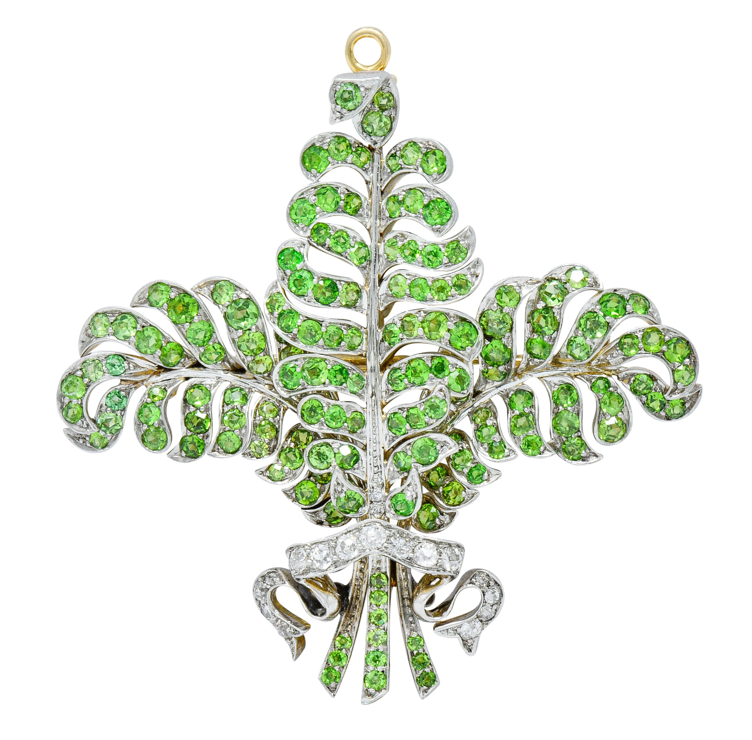 T.B. Starr Demantoid Garnet Diamond Platinum 18 Karat Gold Fern Edwardian Pendant BroochBrooch - Wilson's Estate Jewelry