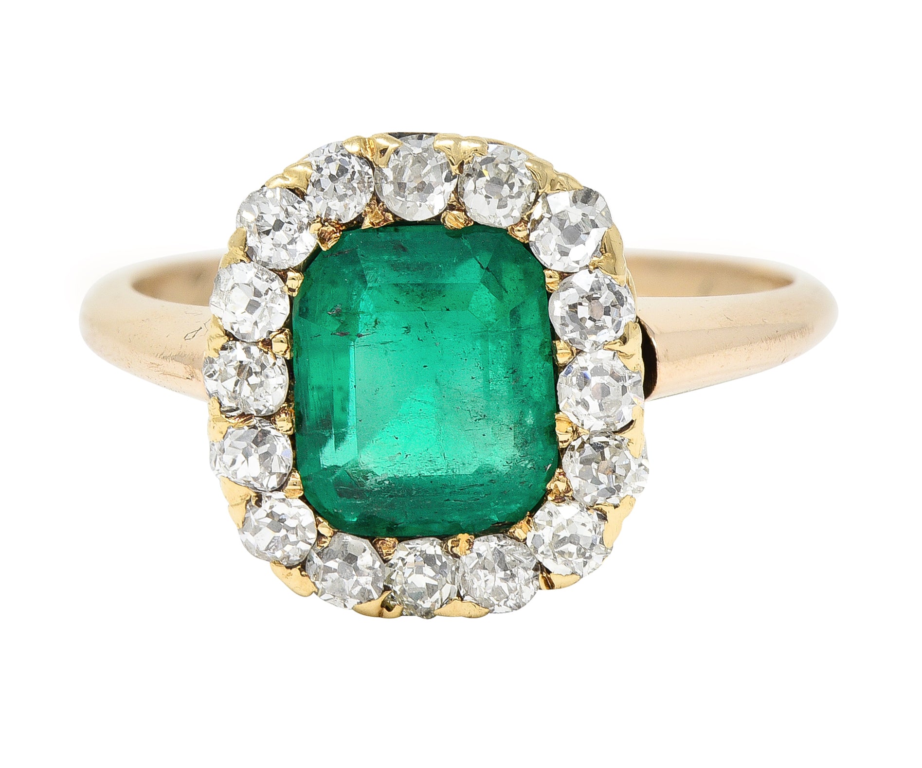 Victorian 2.51 CTW Colombian Emerald Diamond 14 Karat Yellow Gold Halo Ring GIA