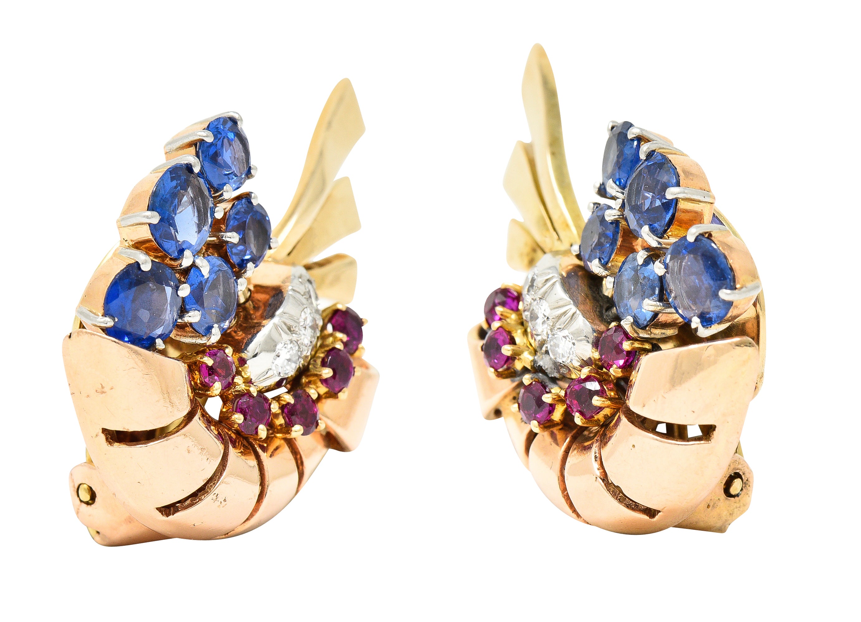 Retro 3.82 CTW Ruby Sapphire Diamond Platinum 14 Karat Two-Tone Gold Ear-Clip Earrings Wilson's Estate Jewelry