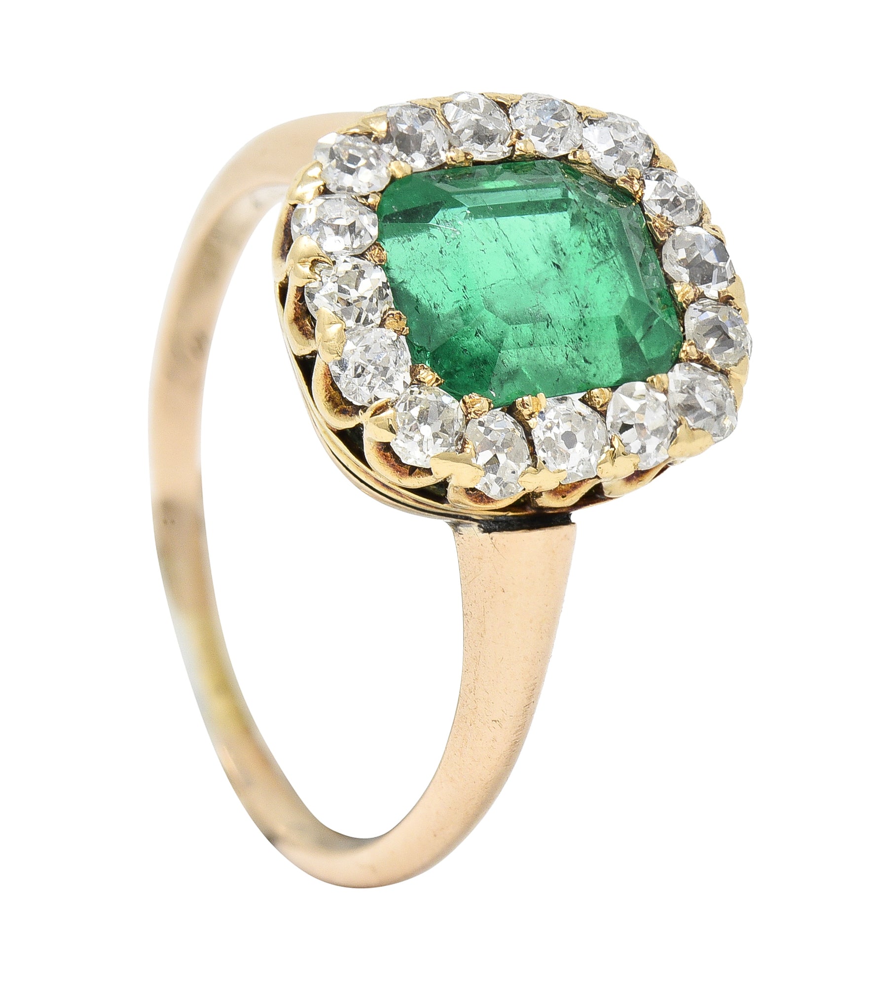 Victorian 2.51 CTW Colombian Emerald Diamond 14 Karat Yellow Gold Halo Ring GIA