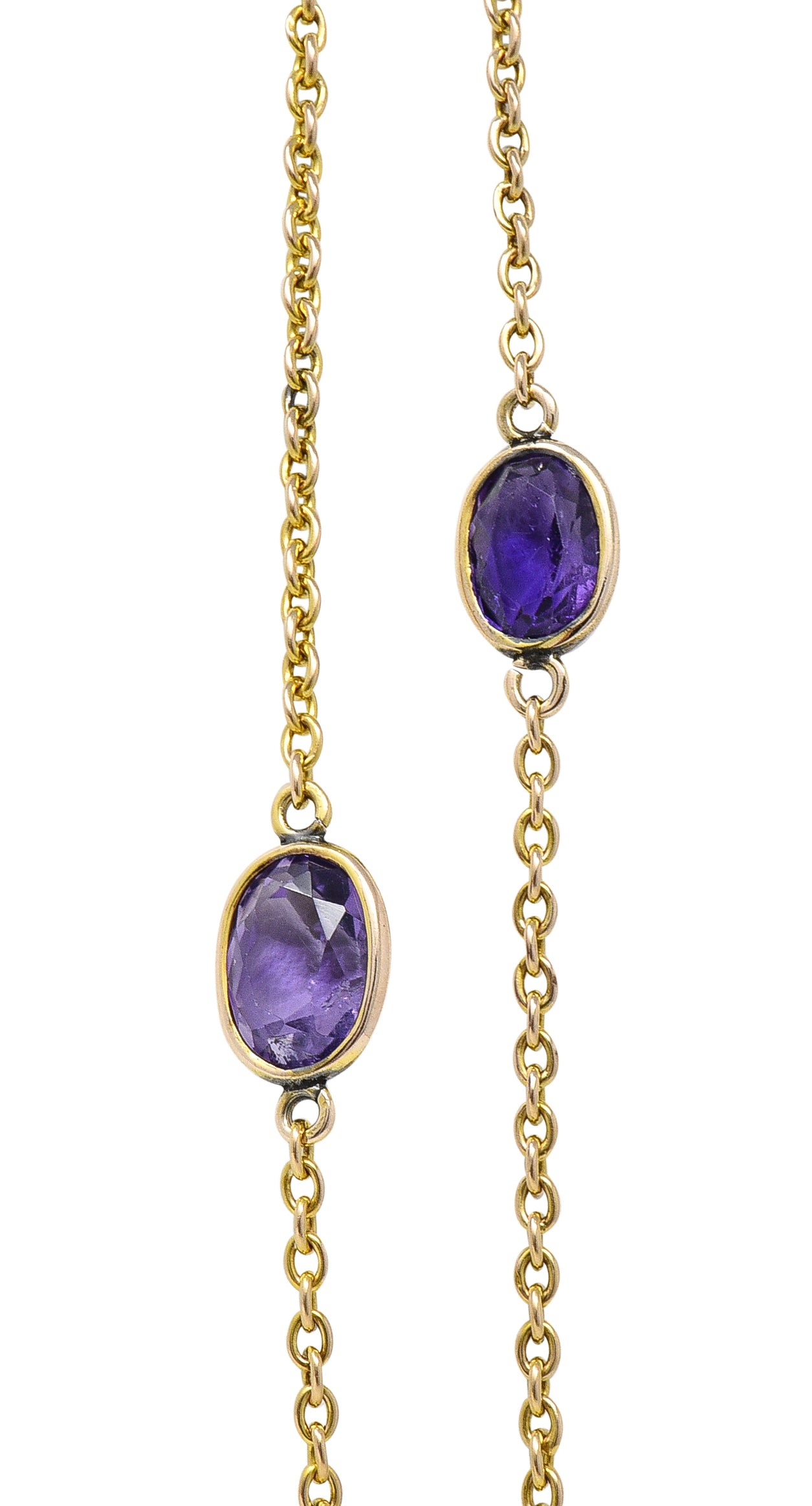 Late Victorian Amethyst 14 Karat Yellow Gold Antique Station Chain Necklace