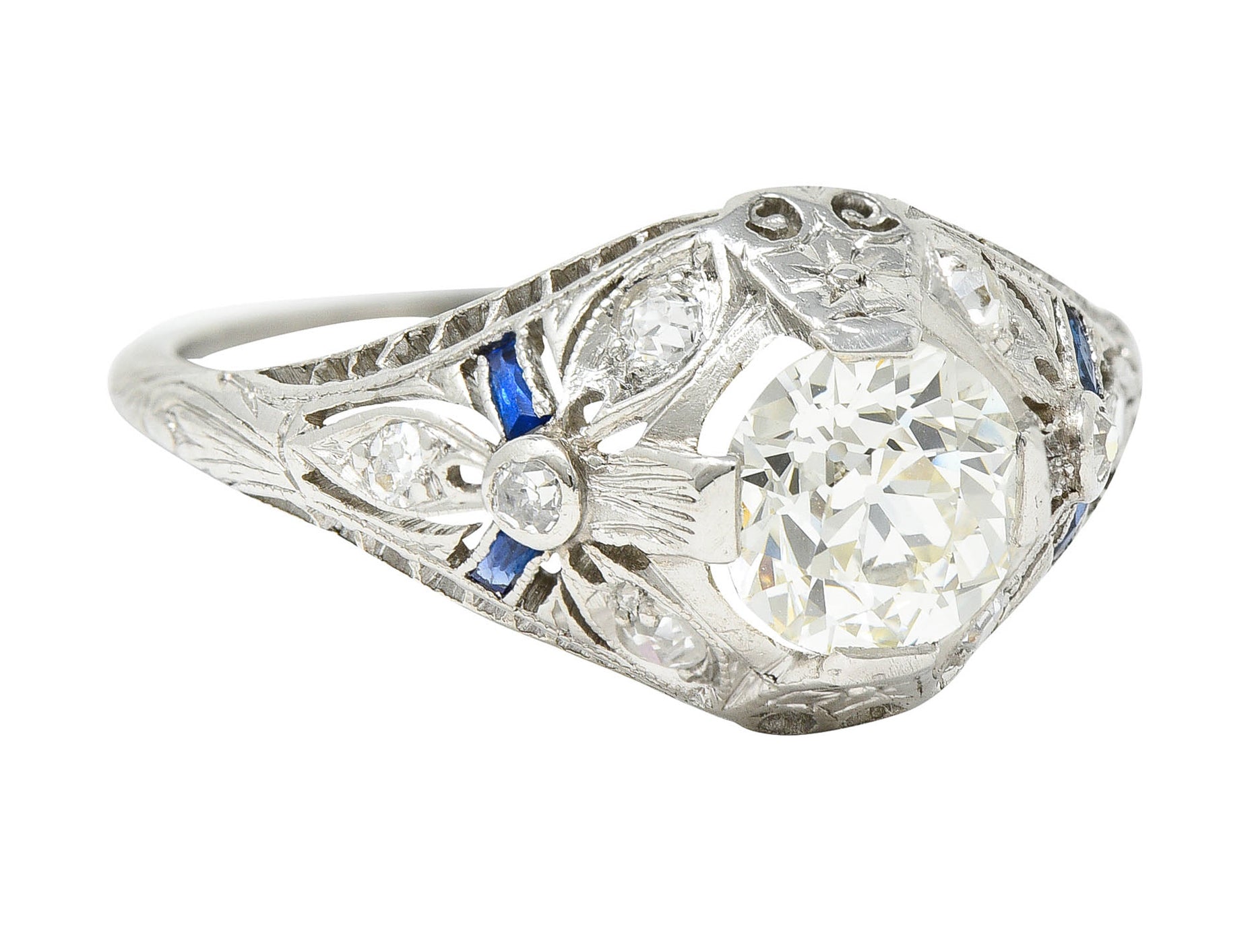 Belle Epoque 1.14 CTW Diamond Sapphire Platinum Bombe Engagement Ring GIARing - Wilson's Estate Jewelry