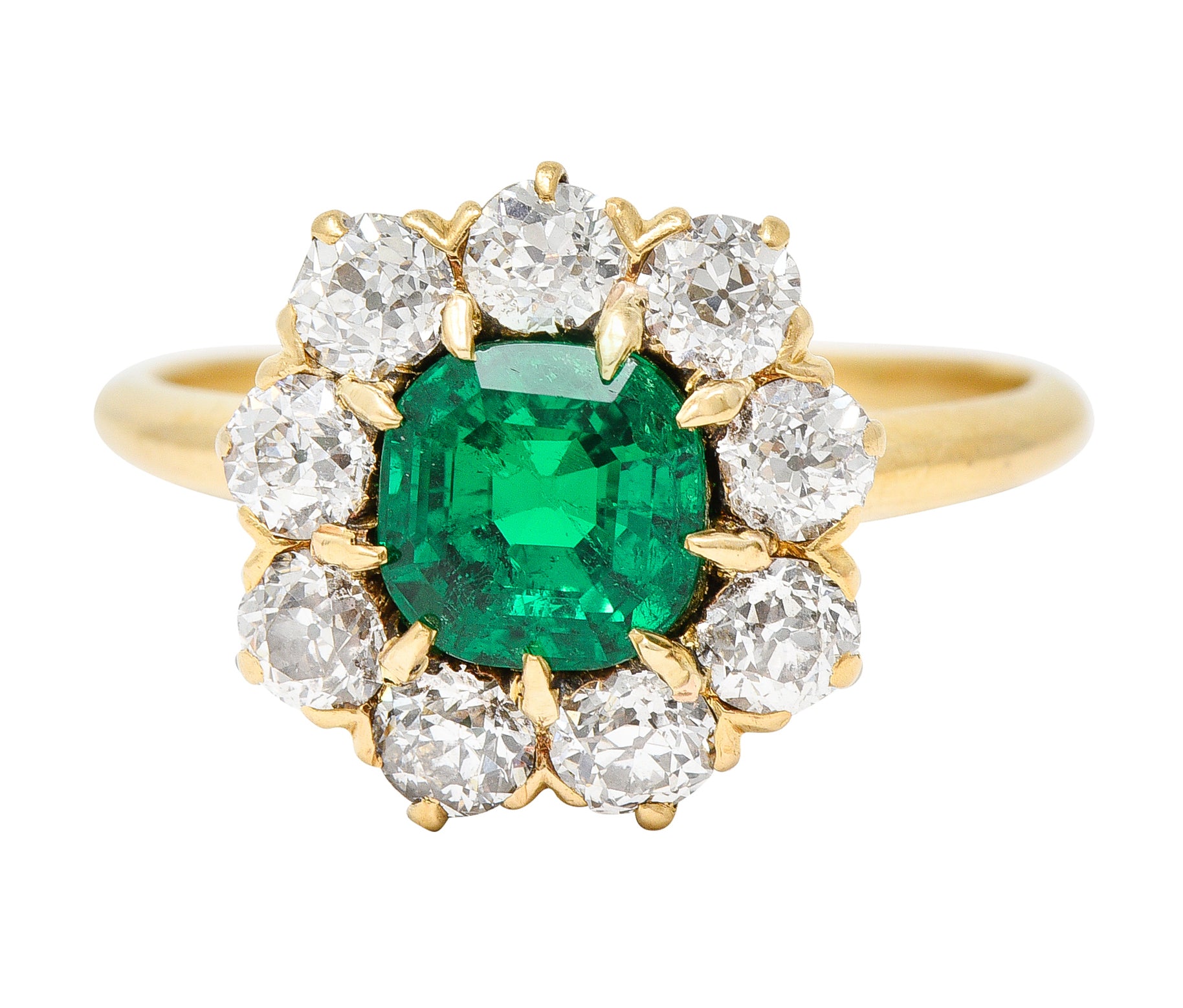 Victorian 2.11 CTW Cushion Cut Colombian Emerald Old European Cut Diamond 18 Karat Yellow Gold Cluster Ring GIA Wilson's Estate Jewelry