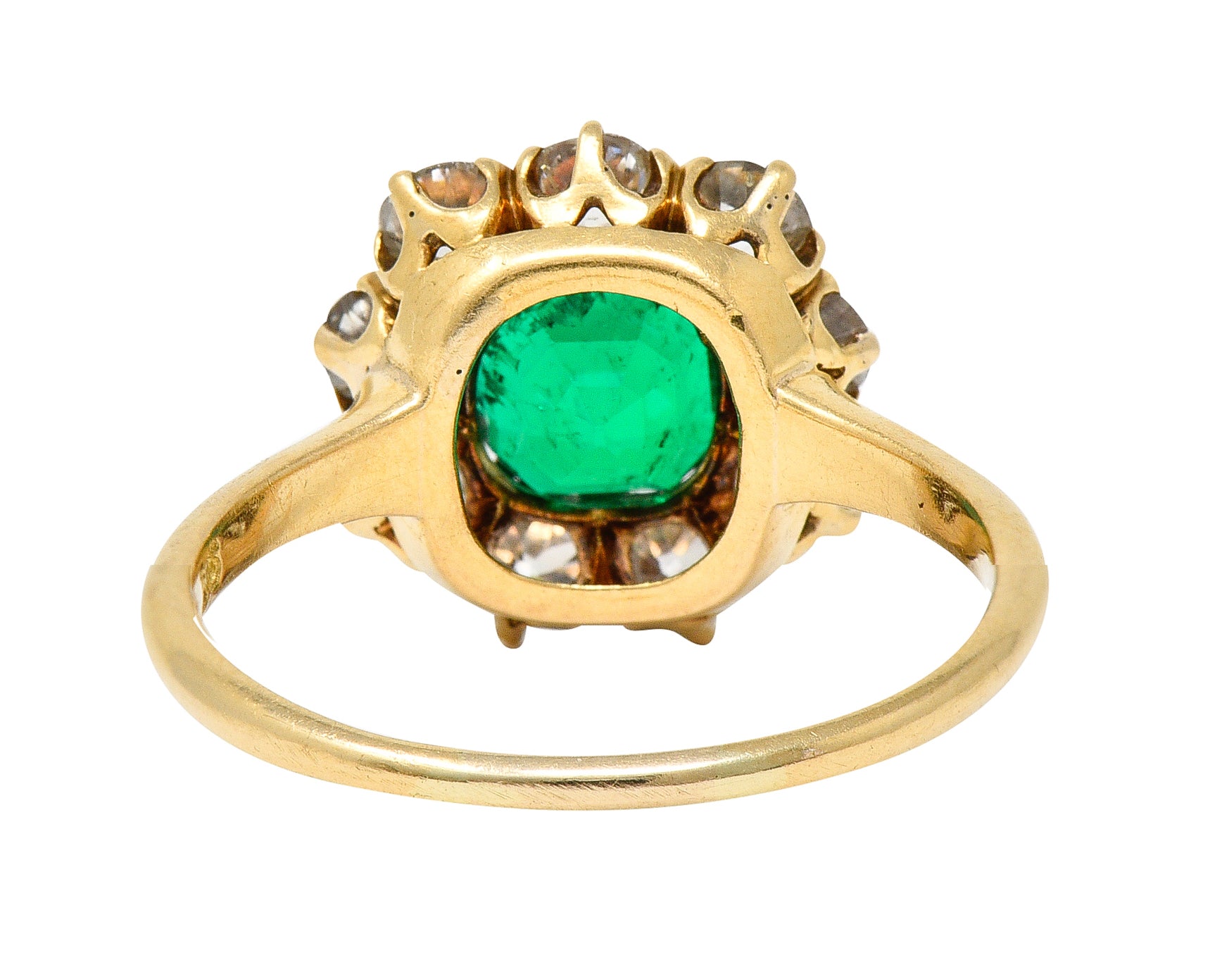 Victorian 2.11 CTW Cushion Cut Colombian Emerald Old European Cut Diamond 18 Karat Yellow Gold Cluster Ring GIA Wilson's Estate Jewelry