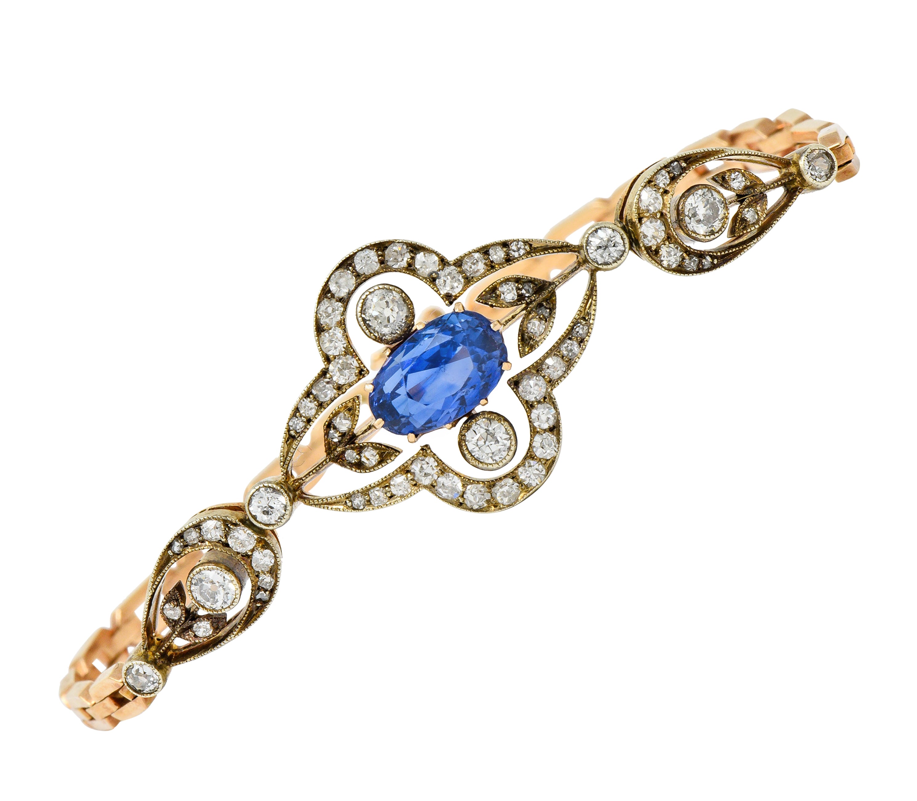 1920's Russian 4.00 CTW No Heat Ceylon Sapphire Diamond 14 Karat Two-Tone Gold Bracelet GIAbracelet - Wilson's Estate Jewelry