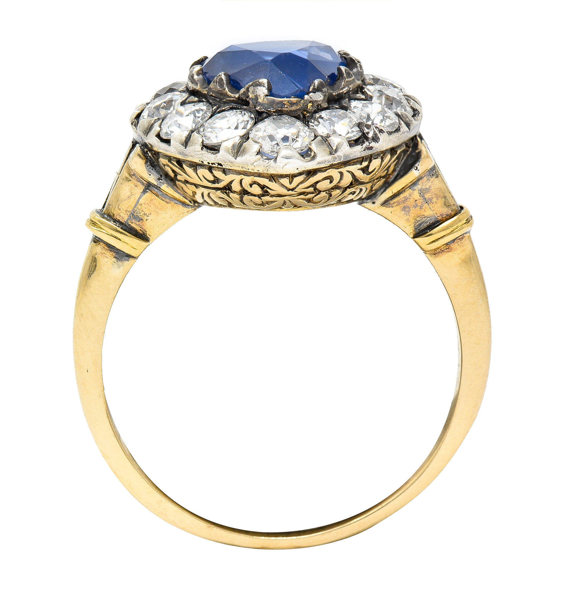 Victorian 4.60 CTW Heart Cut Sapphire Old European Cut Diamond Silver-Topped 18 Karat Yellow Gold Heart Halo Antique Ring Wilson's Estate Jewelry