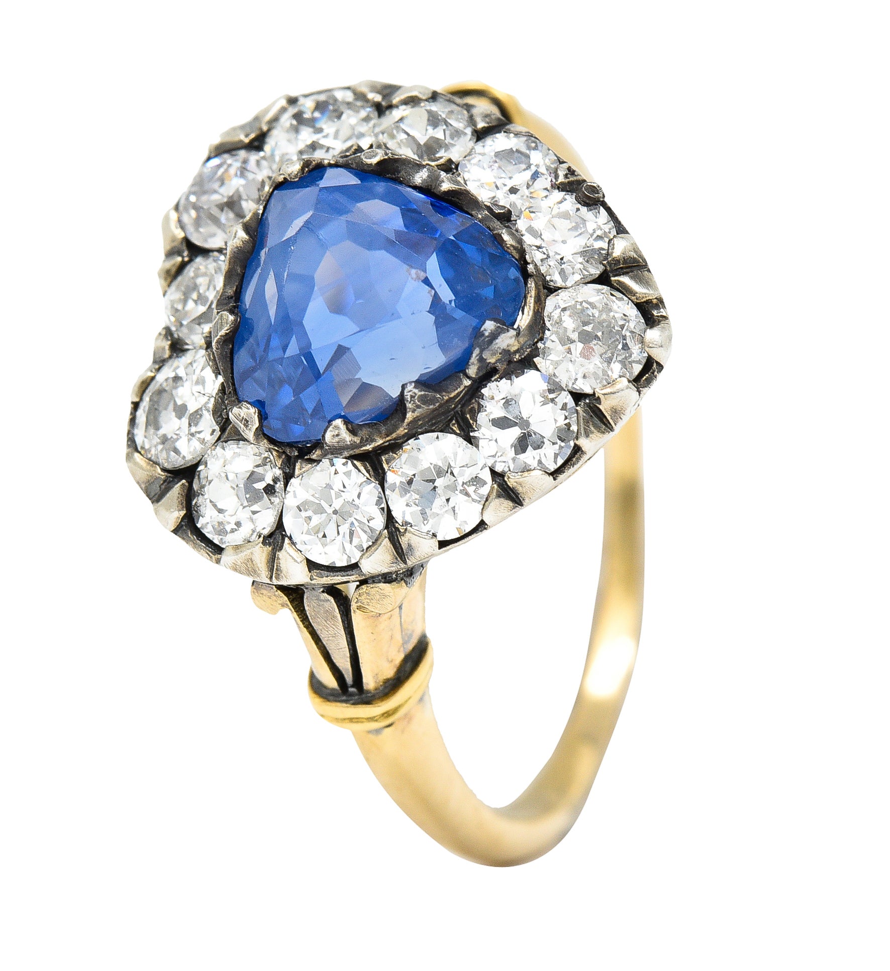 Victorian 4.60 CTW Heart Cut Sapphire Old European Cut Diamond Silver-Topped 18 Karat Yellow Gold Heart Halo Antique Ring Wilson's Estate Jewelry