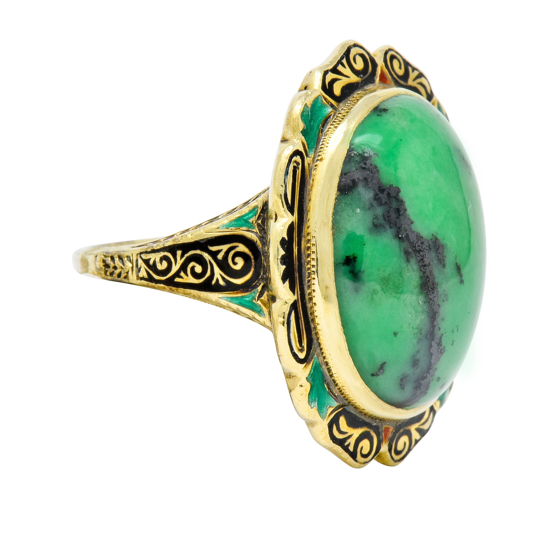 Art Nouveau Hardstone Cabochon Enamel 14 Karat Gold Gemstone Ring - Wilson's Estate Jewelry