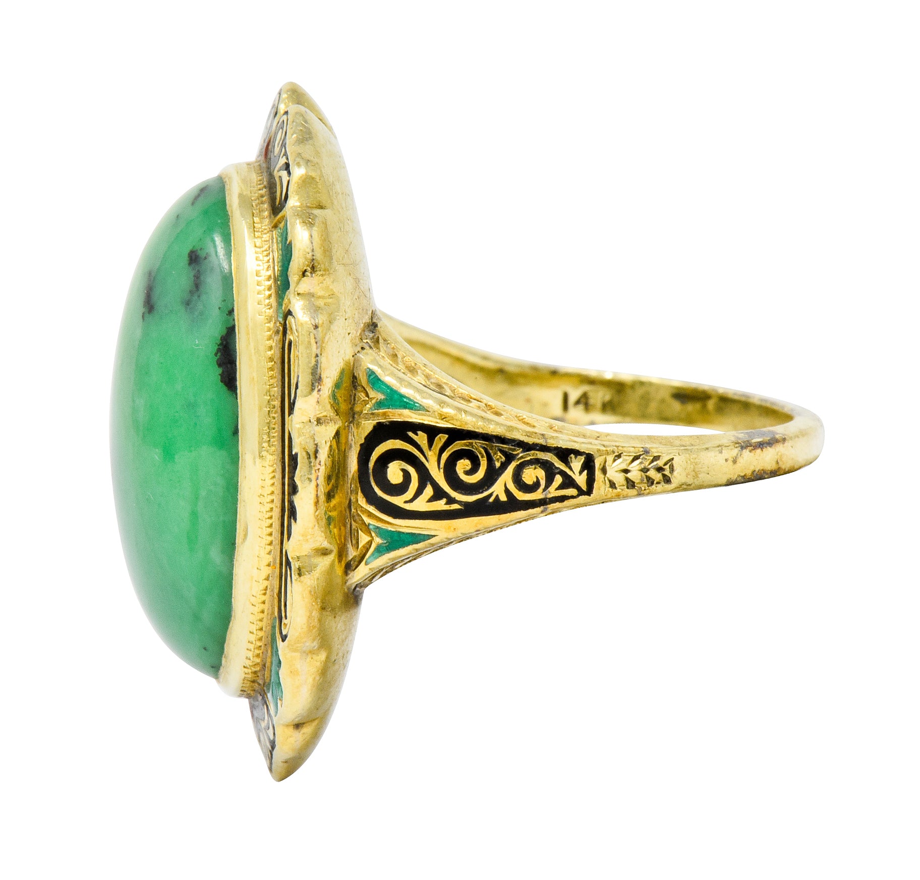 Art Nouveau Hardstone Cabochon Enamel 14 Karat Gold Gemstone Ring - Wilson's Estate Jewelry