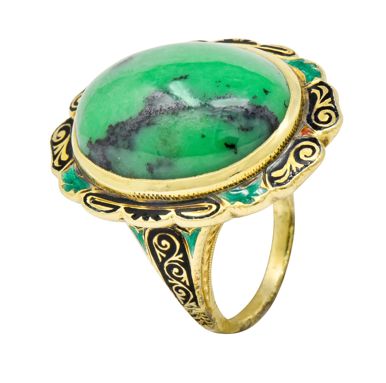 Art Nouveau Hardstone Cabochon Enamel 14 Karat Gold Gemstone Ring - Wilson's Estate Jewelry