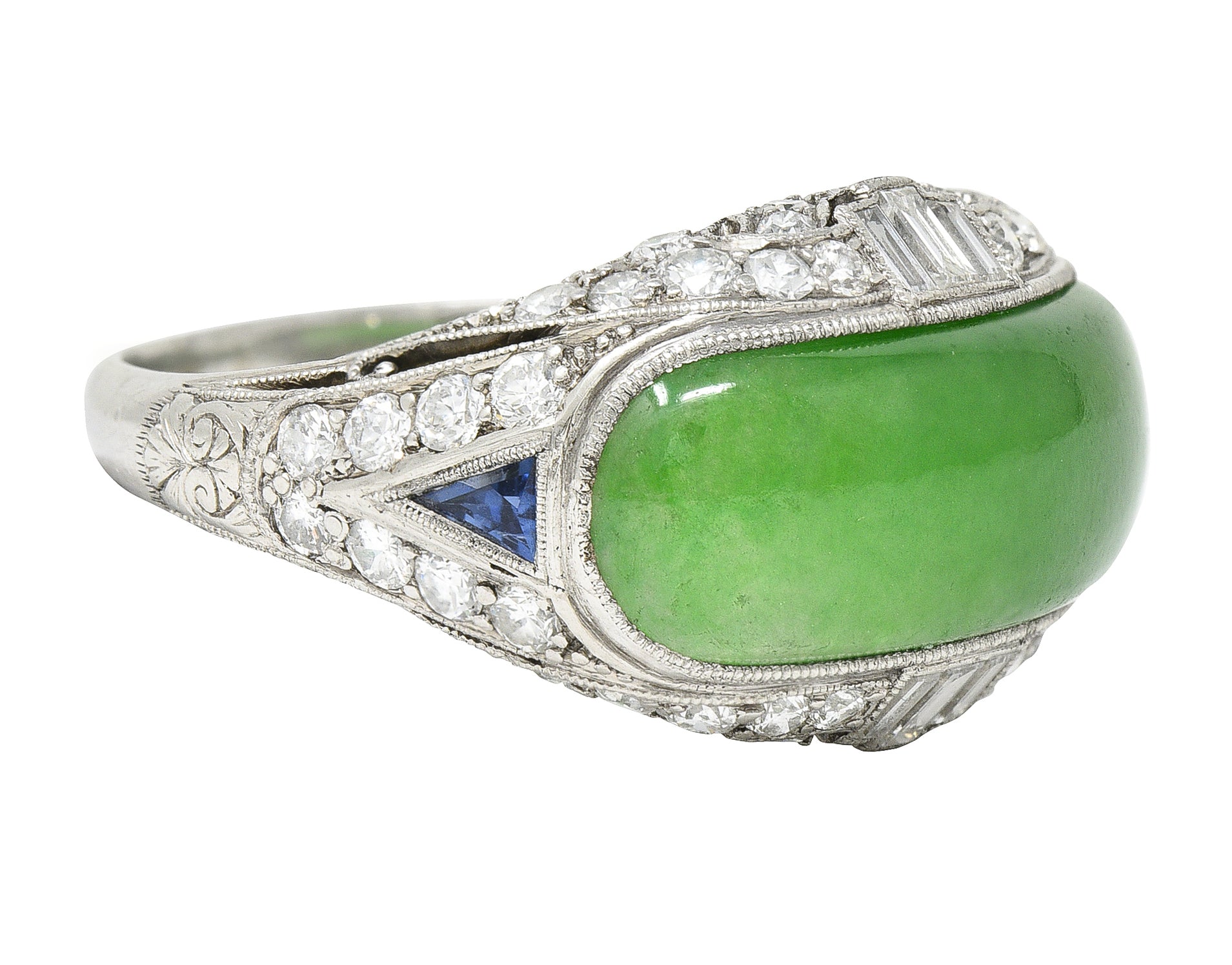 1930's Art Deco Jadeite Jade Sapphire Diamond Platinum Band Ring GIA Wilson's Estate Jewelry