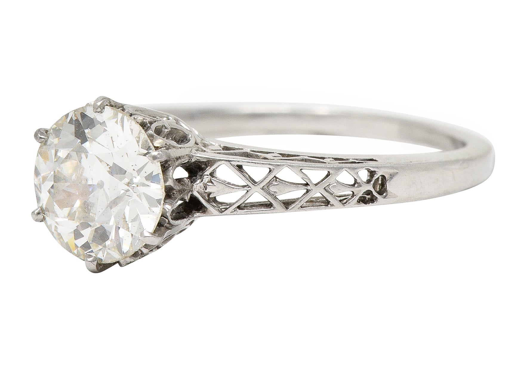 Art Deco 1.42 CTW Platinum Fleur-De-Lis Trellis Solitaire Engagement Ring Wilson's Estate Jewelry