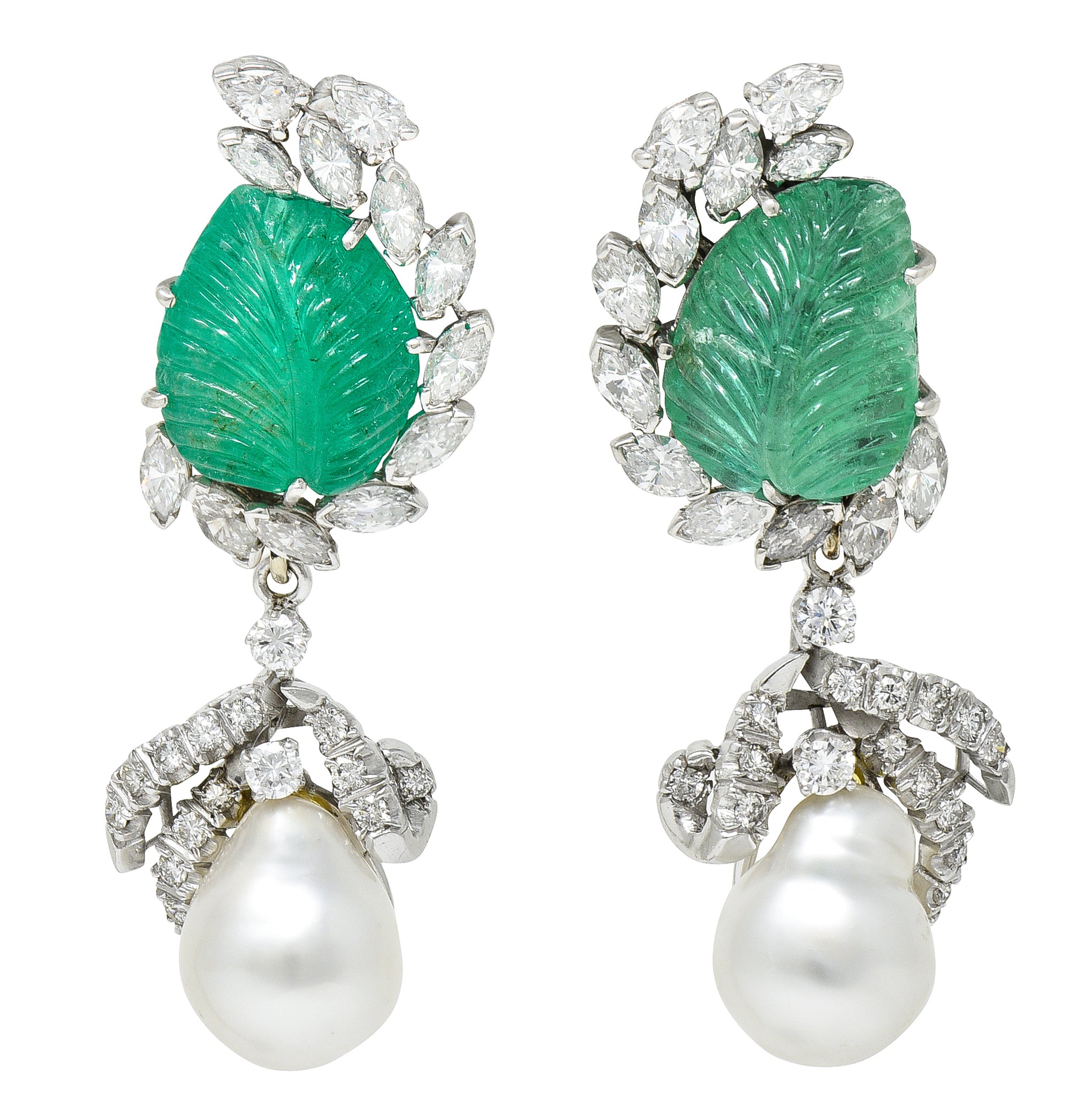 Mid-Century 21.90 CTW Mughal Carved Emerald Diamond Baroque Pearl Platinum Convertible Ear-Clip Earrings Wilson's Estate Jewelry