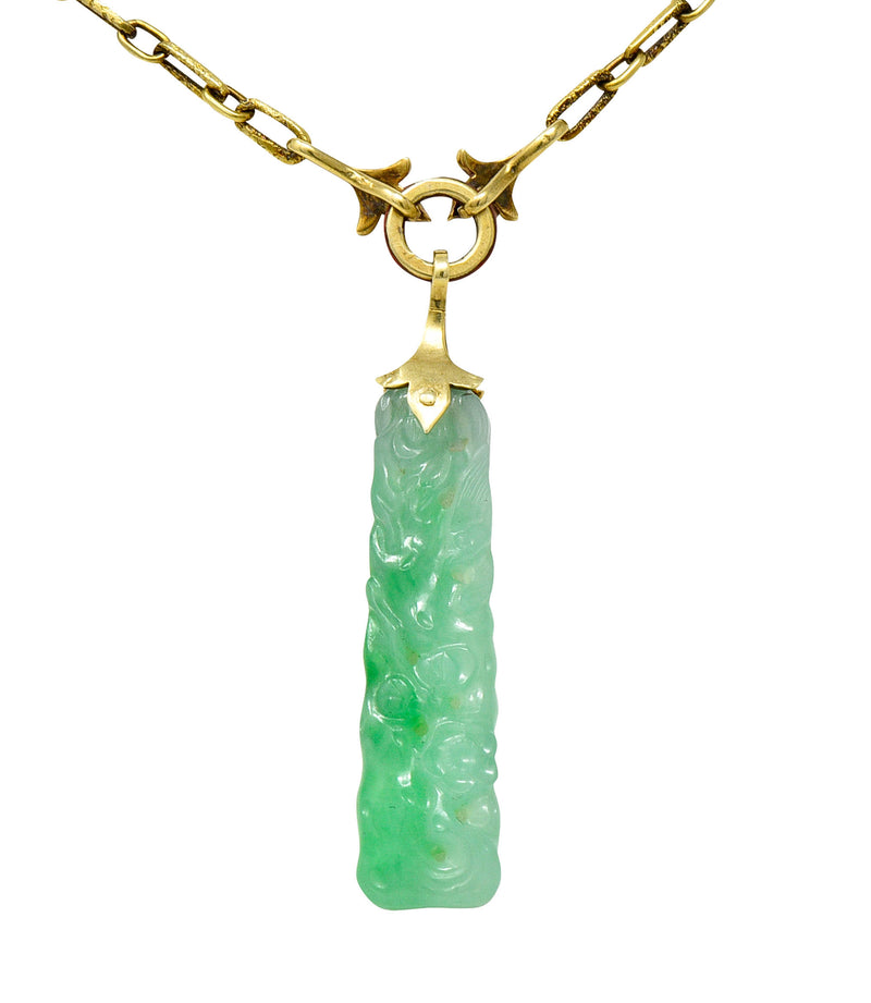 Art Deco Carved Jade Enamel 14 Karat Gold Drop Pendant NecklaceNecklace - Wilson's Estate Jewelry