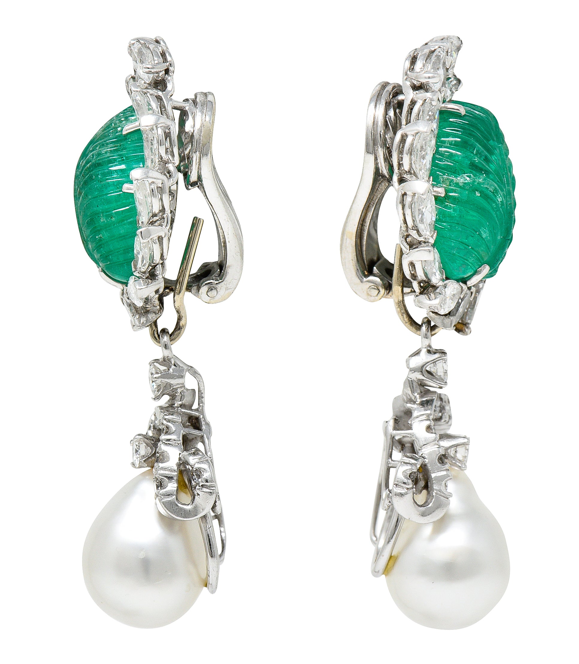 Mid-Century 21.90 CTW Mughal Carved Emerald Diamond Baroque Pearl Platinum Convertible Ear-Clip Earrings Wilson's Estate Jewelry