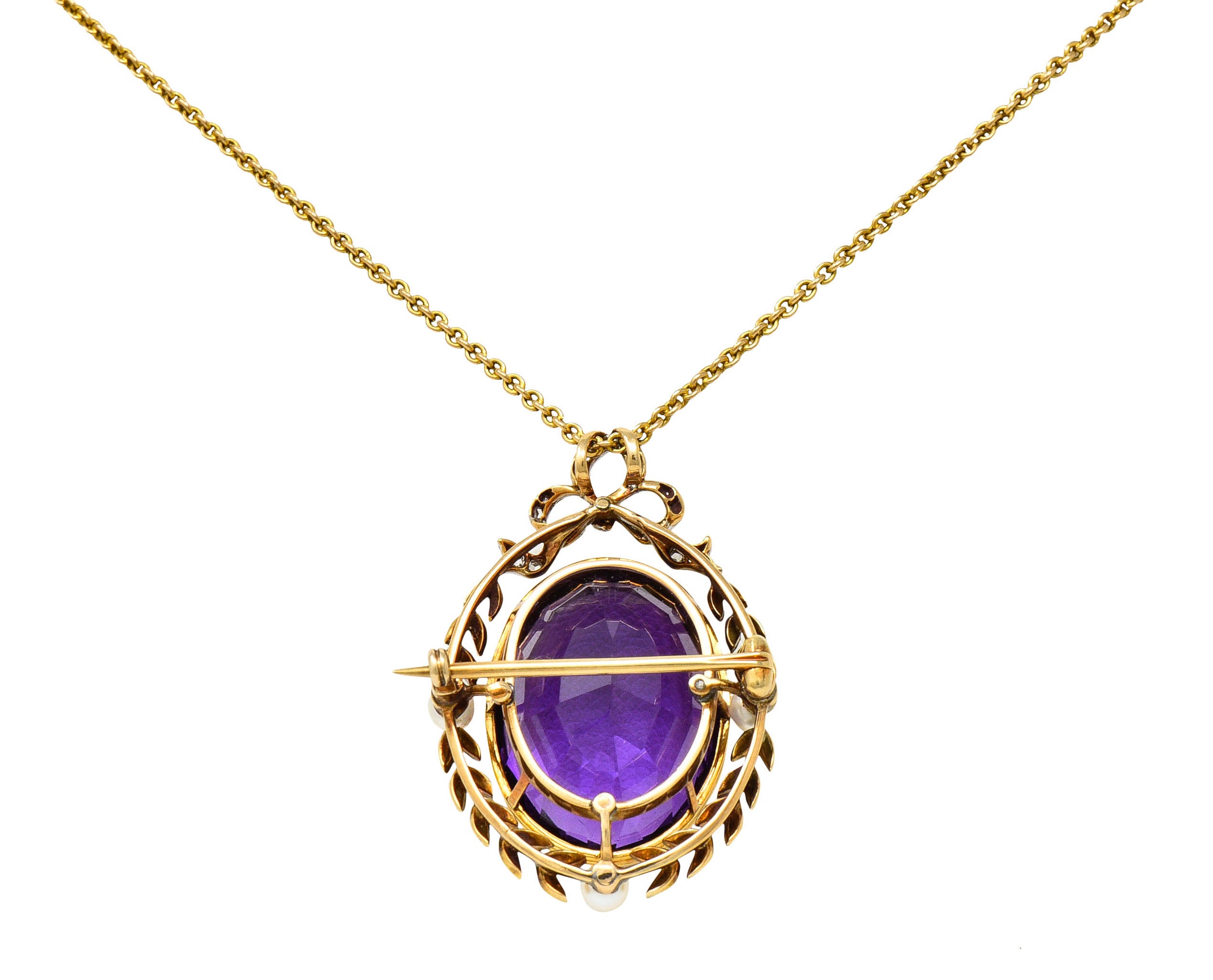 Edwardian Amethyst Diamond Pearl Silver-Topped 14 Karat Gold Laurel Pendant NecklaceNecklace - Wilson's Estate Jewelry