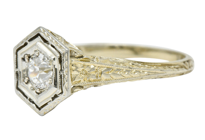 Early Art Deco 0.35 CTW Diamond Platinum-Topped 18 Karat Gold Hexagonal Engagement RingRing - Wilson's Estate Jewelry