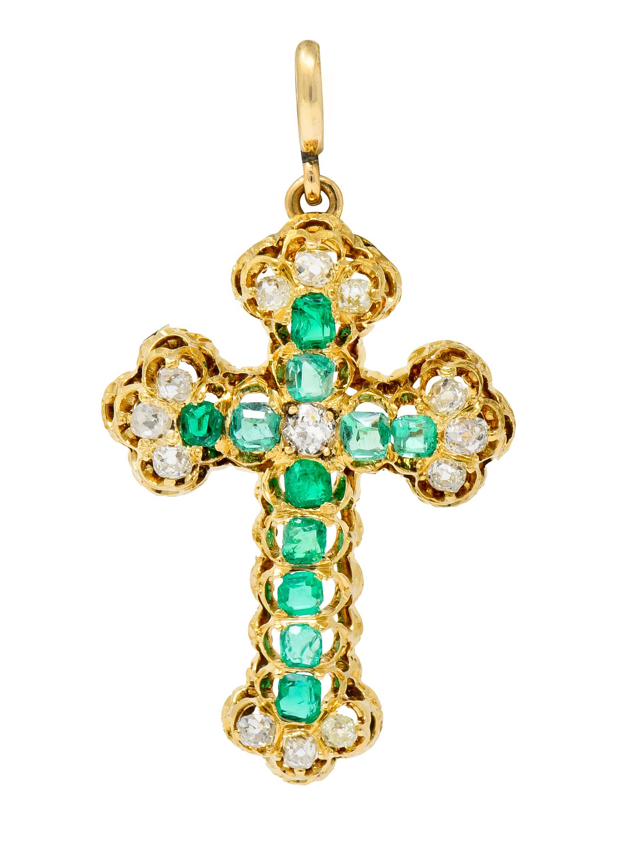 Victorian 2.67 CTW Emerald Diamond 18 Karat Gold Cross Pendant Brooch - Wilson's Estate Jewelry