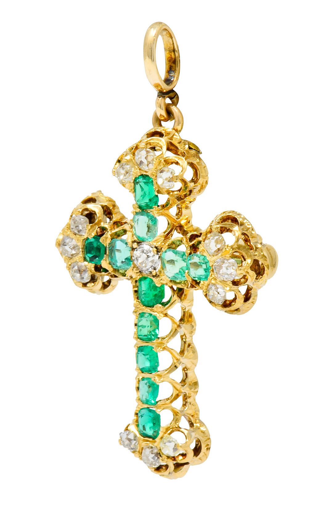 Victorian 2.67 CTW Emerald Diamond 18 Karat Gold Cross Pendant Brooch - Wilson's Estate Jewelry