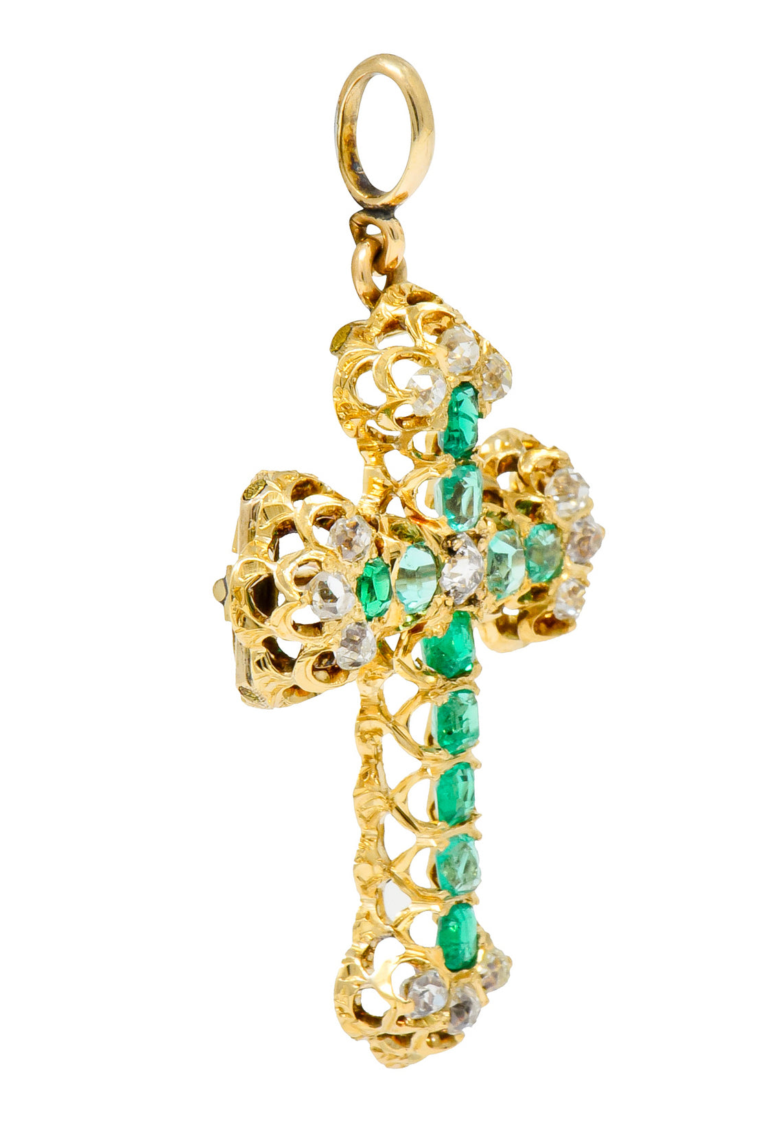 Victorian 2.67 CTW Emerald Diamond 18 Karat Gold Cross Pendant Brooch - Wilson's Estate Jewelry