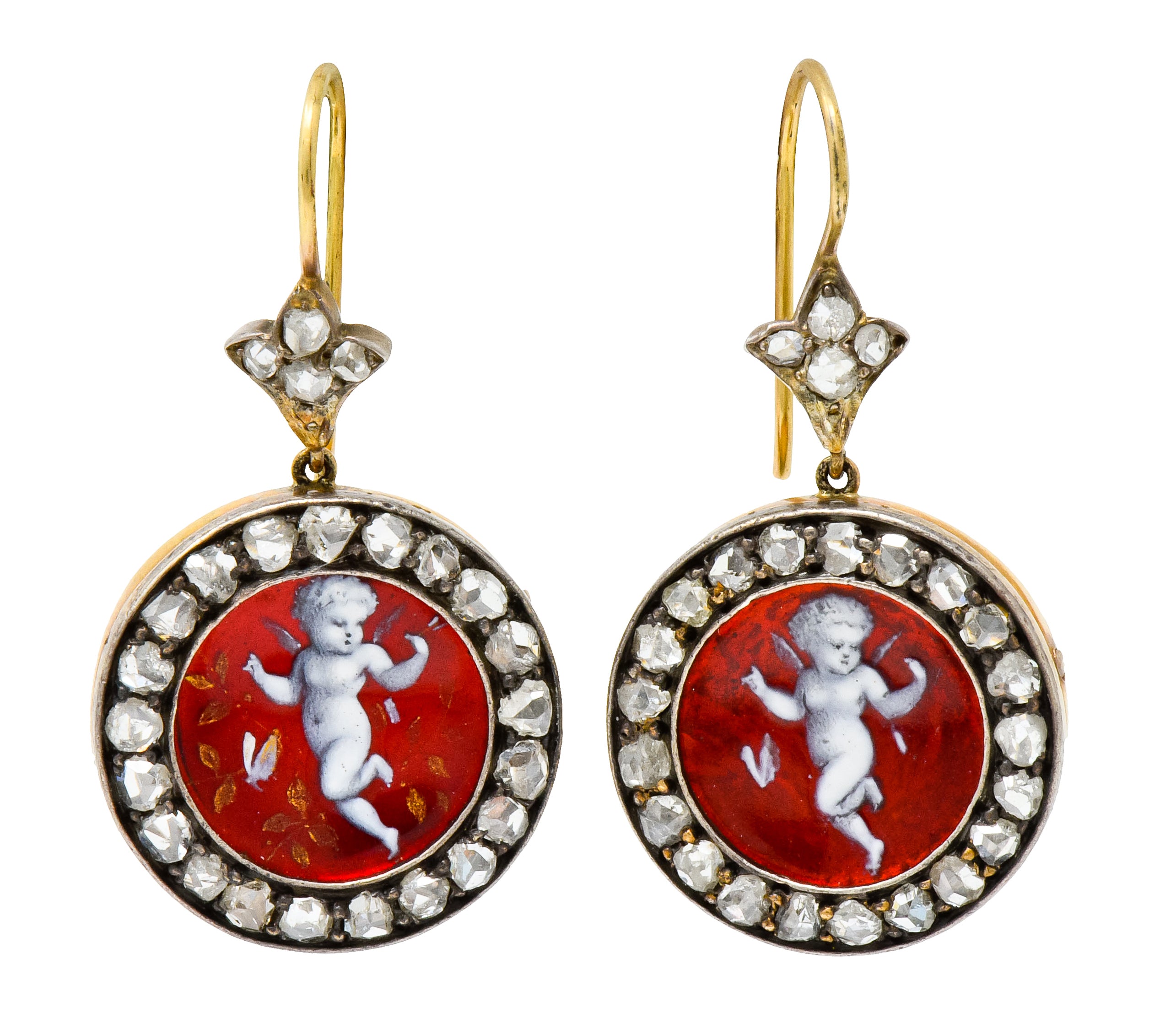 Victorian Rose Cut Diamond Enamel Silver-Topped 18 Karat Gold Cherub Drop Earrings - Wilson's Estate Jewelry