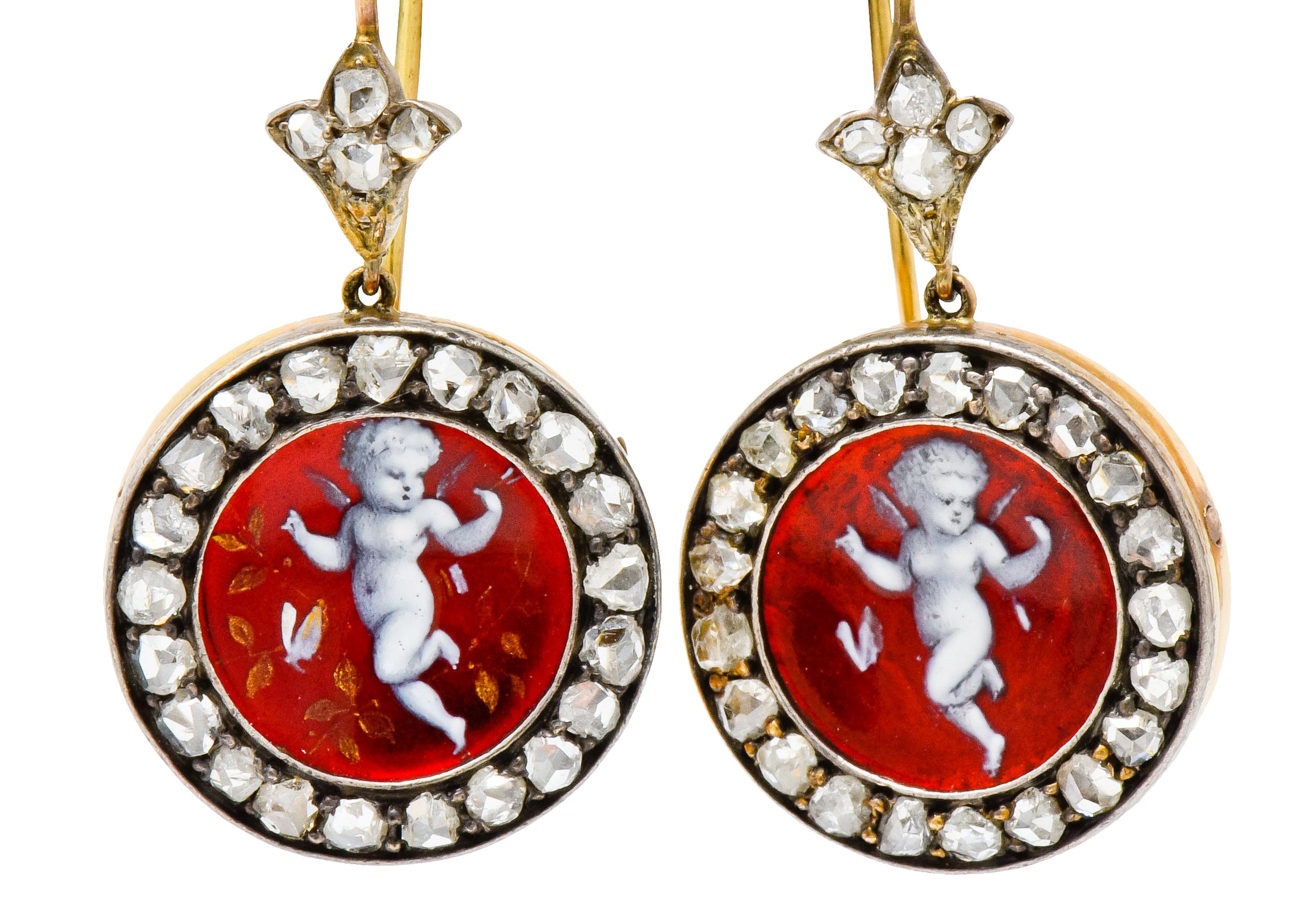 Victorian Rose Cut Diamond Enamel Silver-Topped 18 Karat Gold Cherub Drop Earrings - Wilson's Estate Jewelry